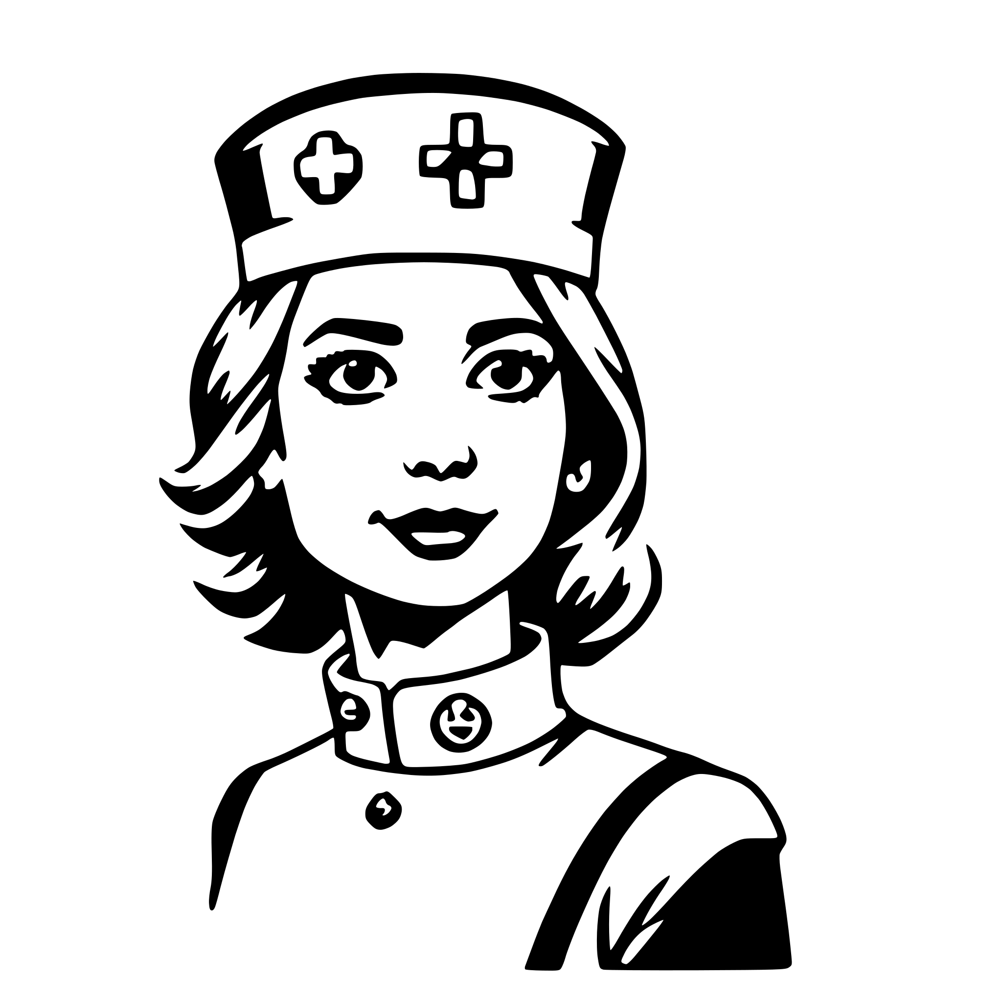 The SVG depicts a stylized illustration of a person wearing a nurse's cap. The cap has a cross symbol on it, which is commonly associated with medical or nursing professions. The person is wearing a white shirt with a collar, and there is a small, smiling face on the shirt, suggesting a friendly or caring demeanor. The illustration is simple and uses solid lines and shapes to convey the subject. The person's hair is styled in a bob cut, and they appear to be looking directly at the viewer. The overall impression is that of a friendly, approachable nurse. 