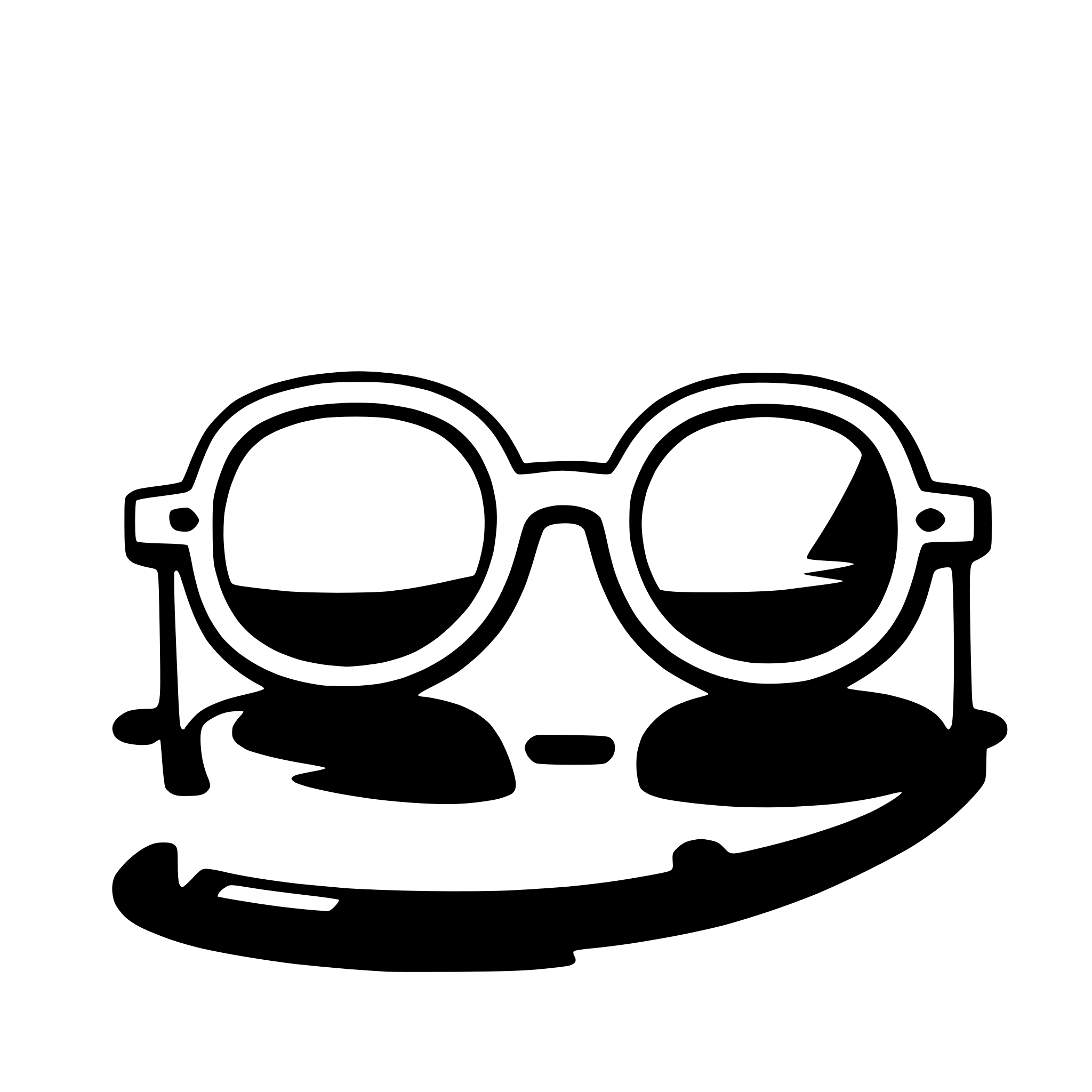 The SVG shows a stylized representation of a pair of glasses with a dark frame and white lenses. The glasses are depicted in a simplified manner, with the arms of the glasses extending outward and the temples curving around the ears. The lenses are oval-shaped, and the bridge connecting the lenses is straight. The glasses are positioned in such a way that the lenses are facing forward, and the temples are resting on a flat surface, which could be interpreted as a table or a countertop. The overall style of the SVG is minimalistic and graphic, with clean lines and a lack of detail that emphasizes the shape and form of the glasses. 