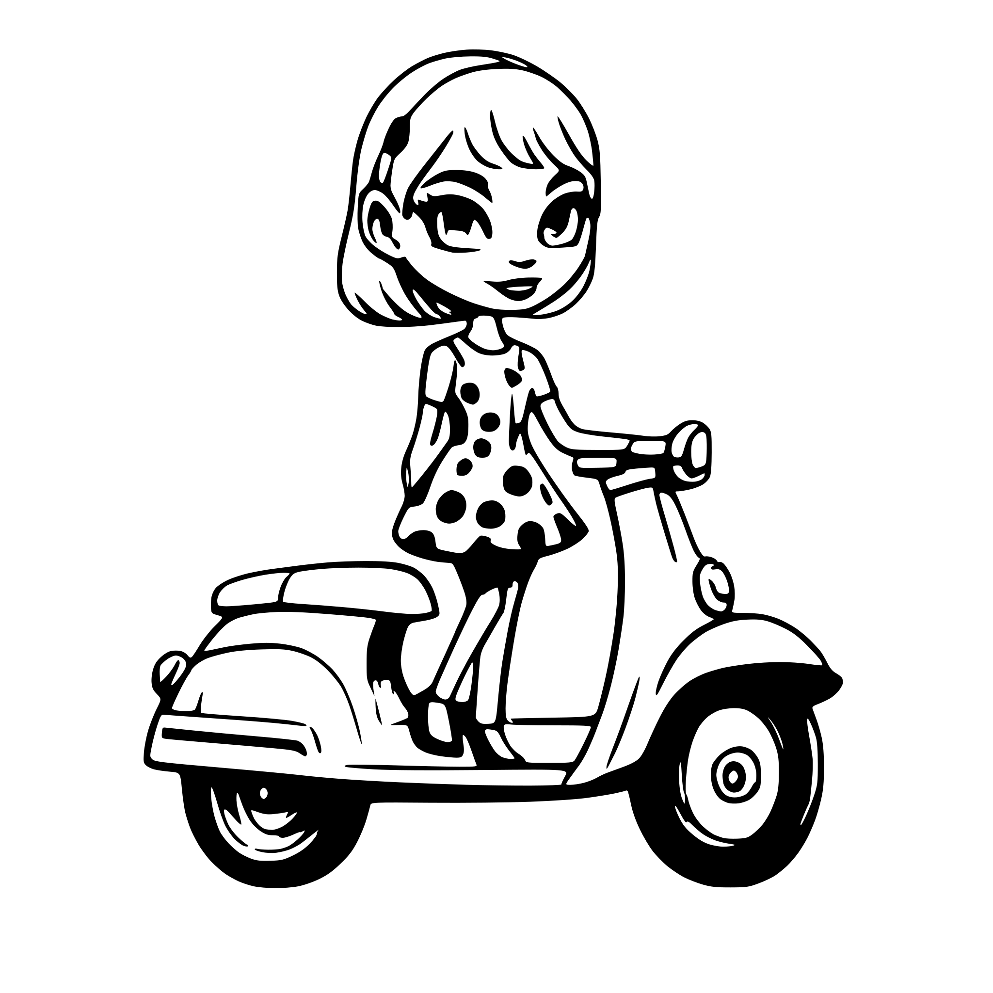 AI-generated SVG of a Girl on a driving vespa Scooter with short hair with a Polka dot dress