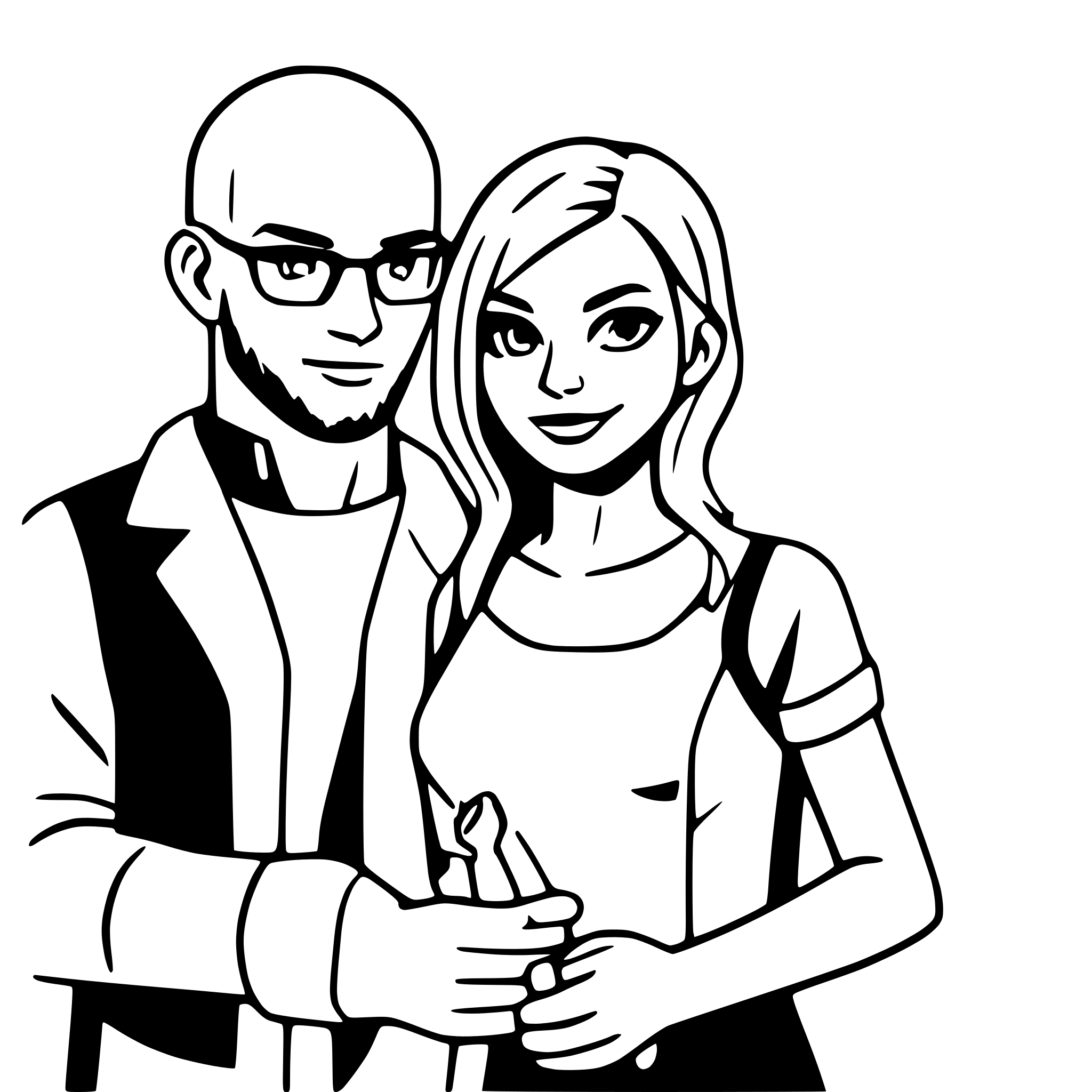 AI-generated SVG of a bald man with a wrench and his wife next to him