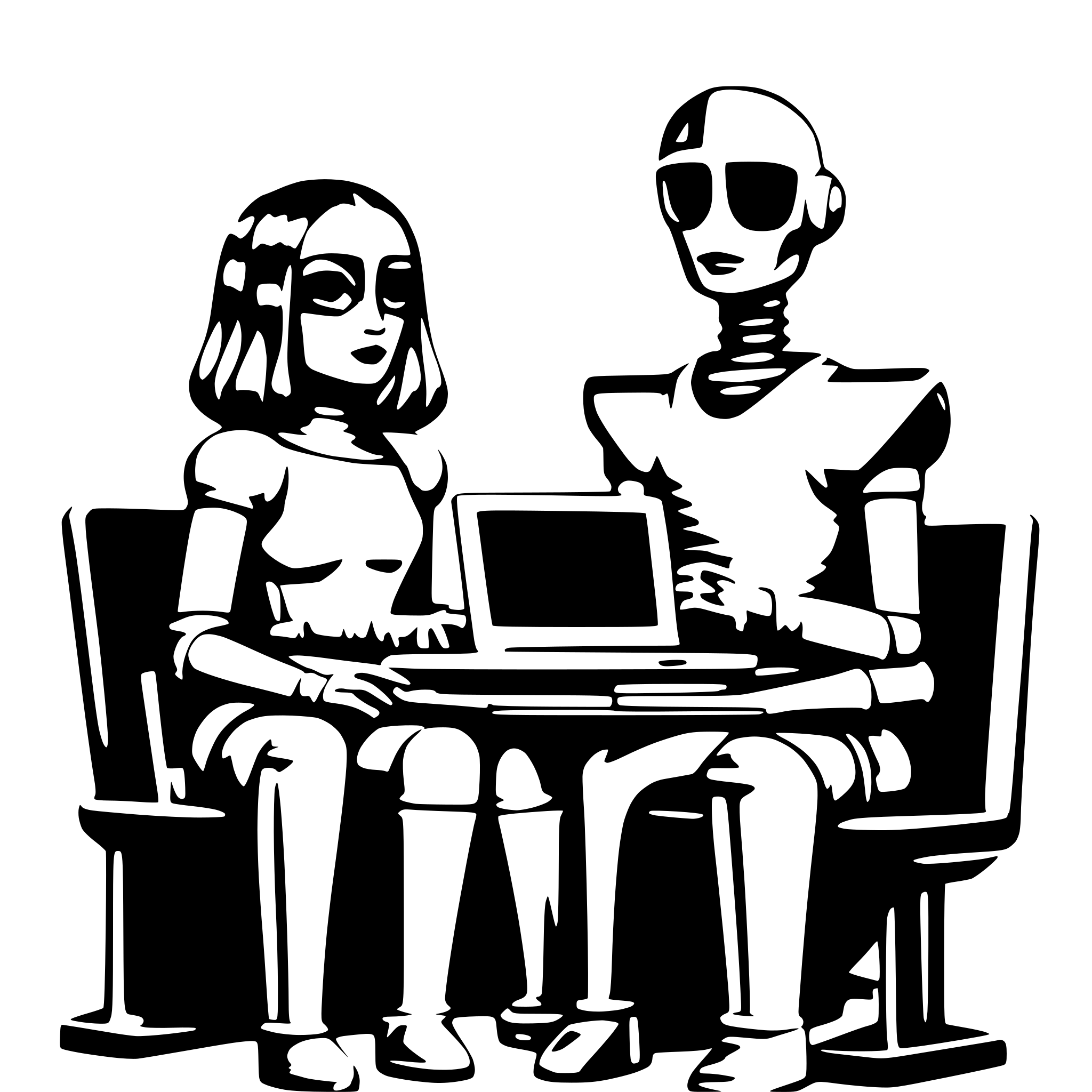 AI-generated SVG of 'couple of  AI Robo Humans side by side looks like hackers sitting on front of laptops and programming something'