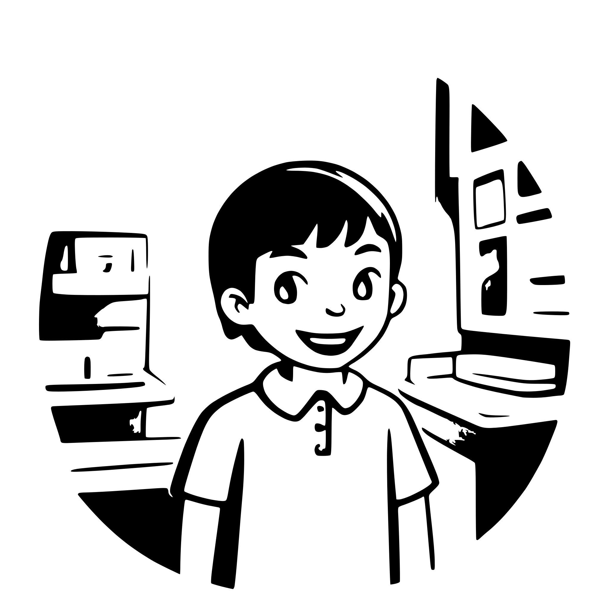 AI-generated SVG of a A simple, flat-style cartoon illustration of a smiling boy with short brown hair, wearing a green shirt, the boy should have his mouth open and a detail showing that he is talking. The image should be inside a white circular frame on a green background. The boy's mouth should be slightly open, with a curved line near it to suggest speaking, similar to a comic-style speech hint.