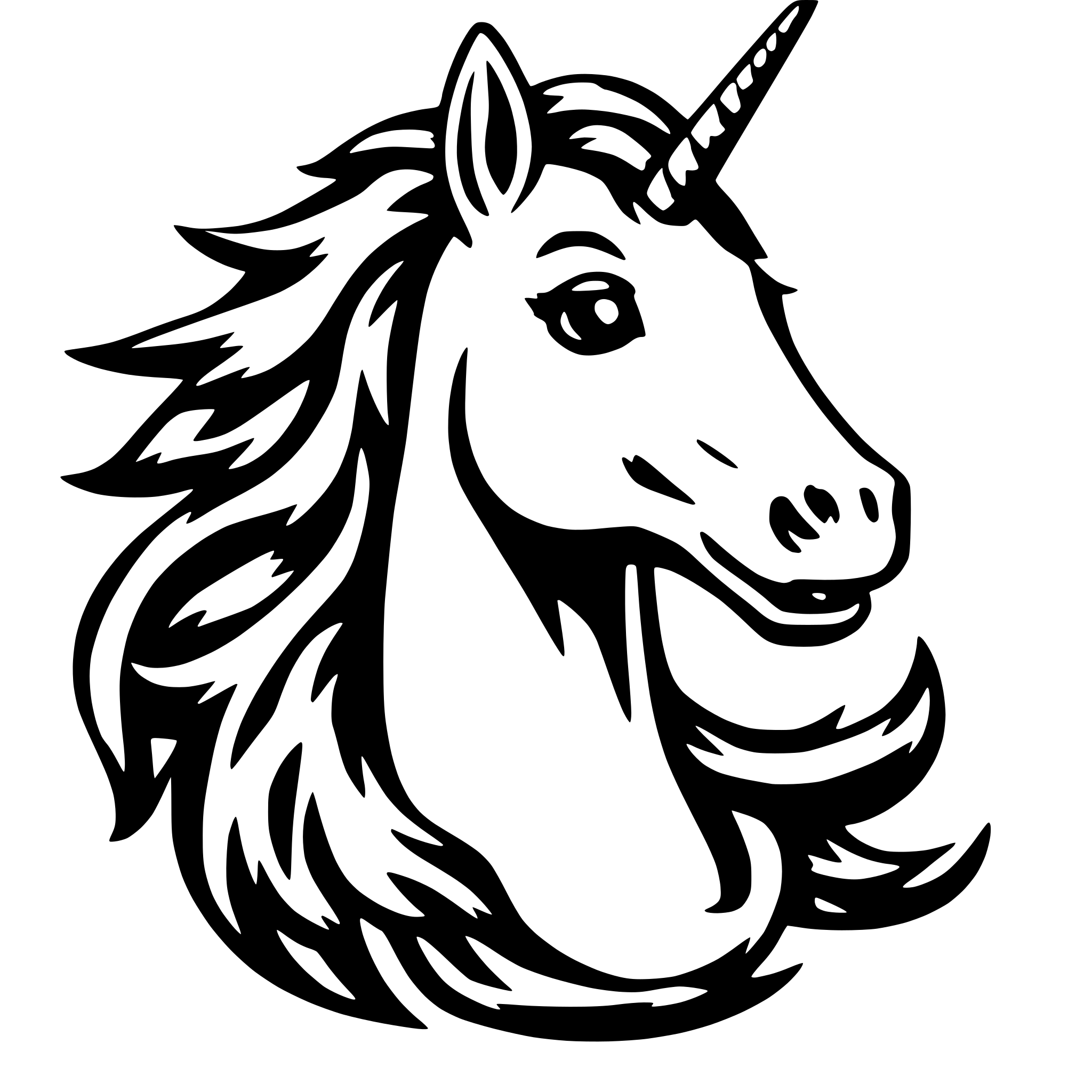 AI-generated SVG of 'unicorn with flowing hair and wings smiling'