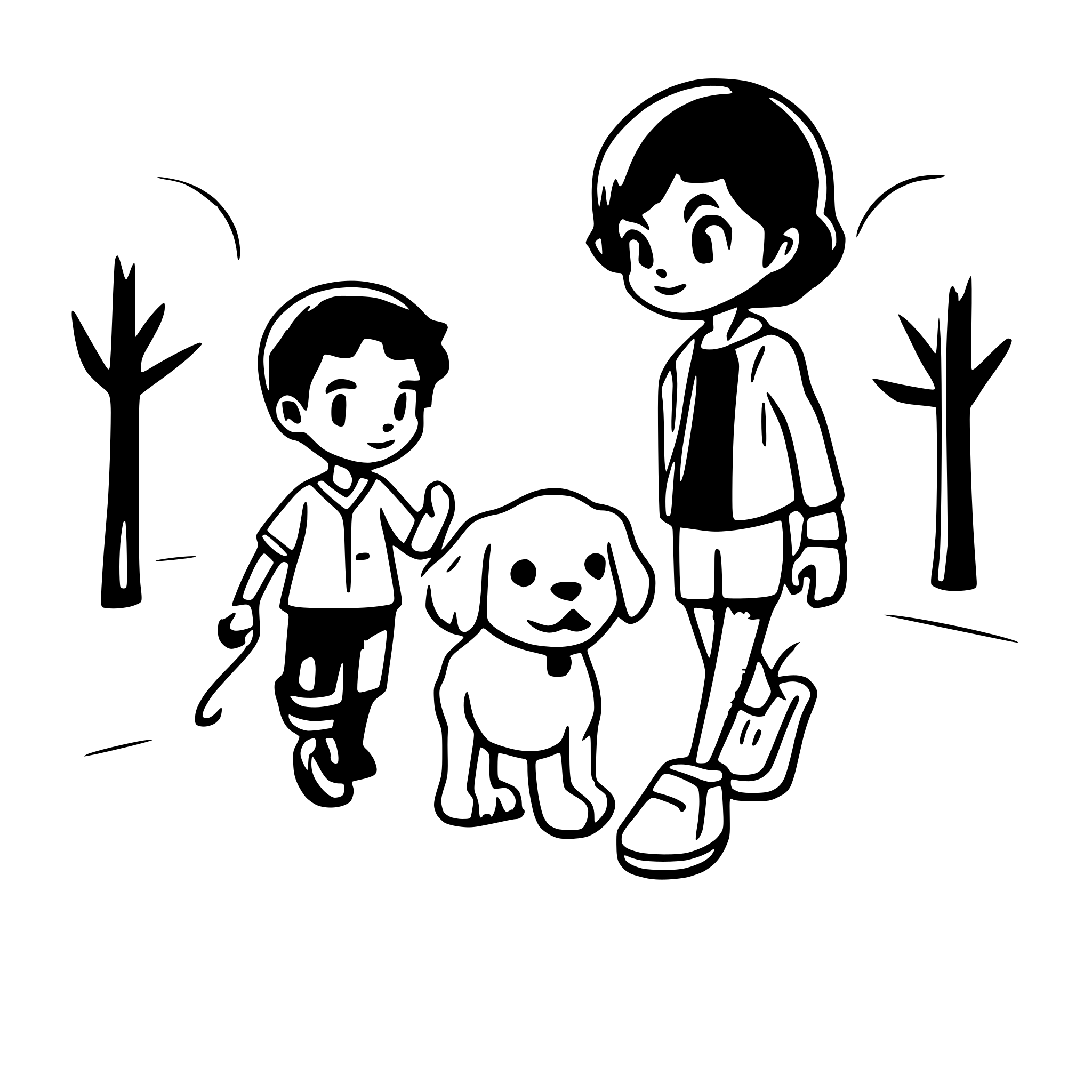 AI-generated SVG of a Two brown boys with curly black hair are walking a white Maltese puppy in the park.