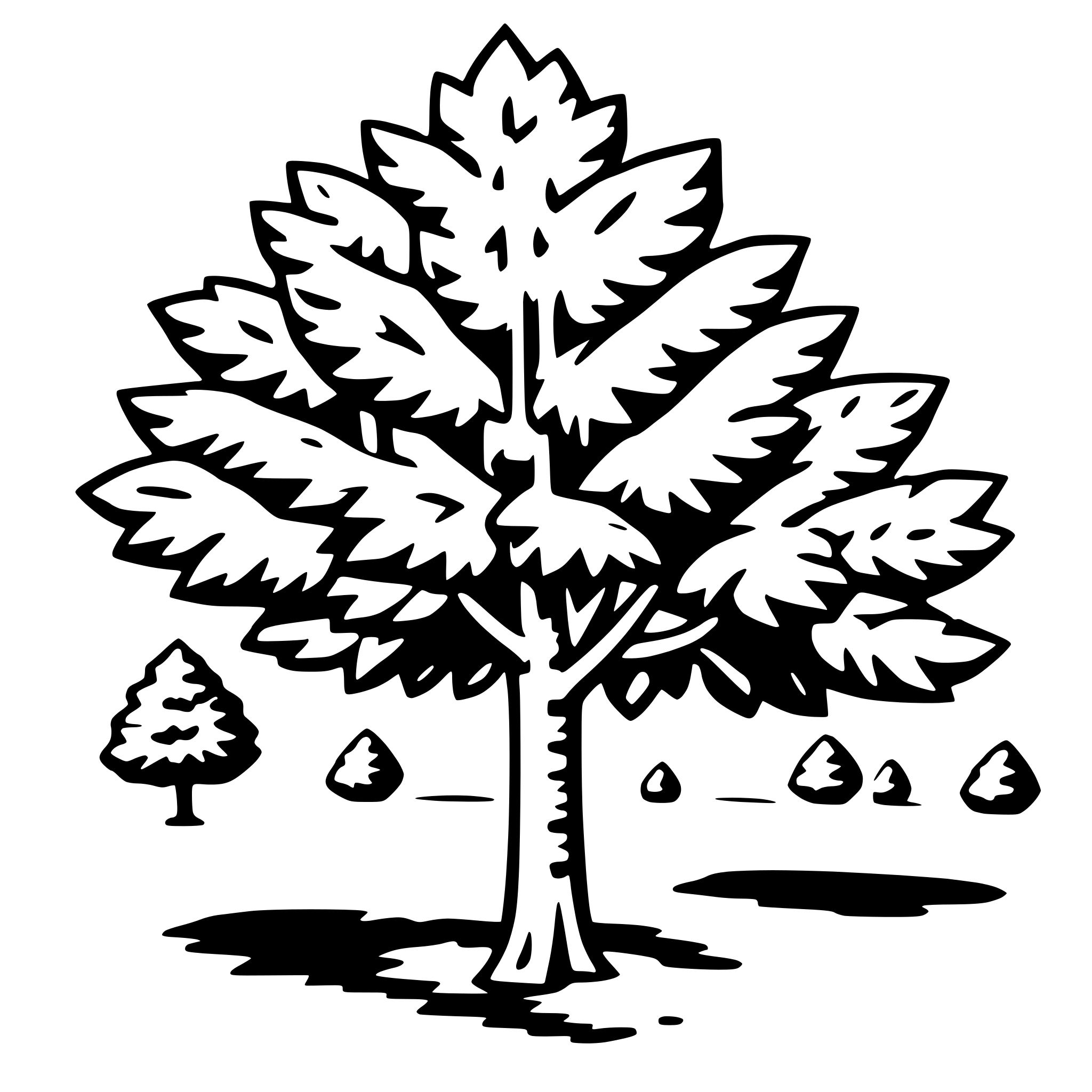 The SVG depicts a stylized tree with a prominent trunk and a canopy of leaves. The tree is surrounded by smaller trees or shrubs, suggesting a forested or wooded environment. The trees are drawn in a simplified, cartoon-like manner with minimal detail, emphasizing the outlines and shapes over intricate textures. The overall impression is one of a serene, natural setting. 