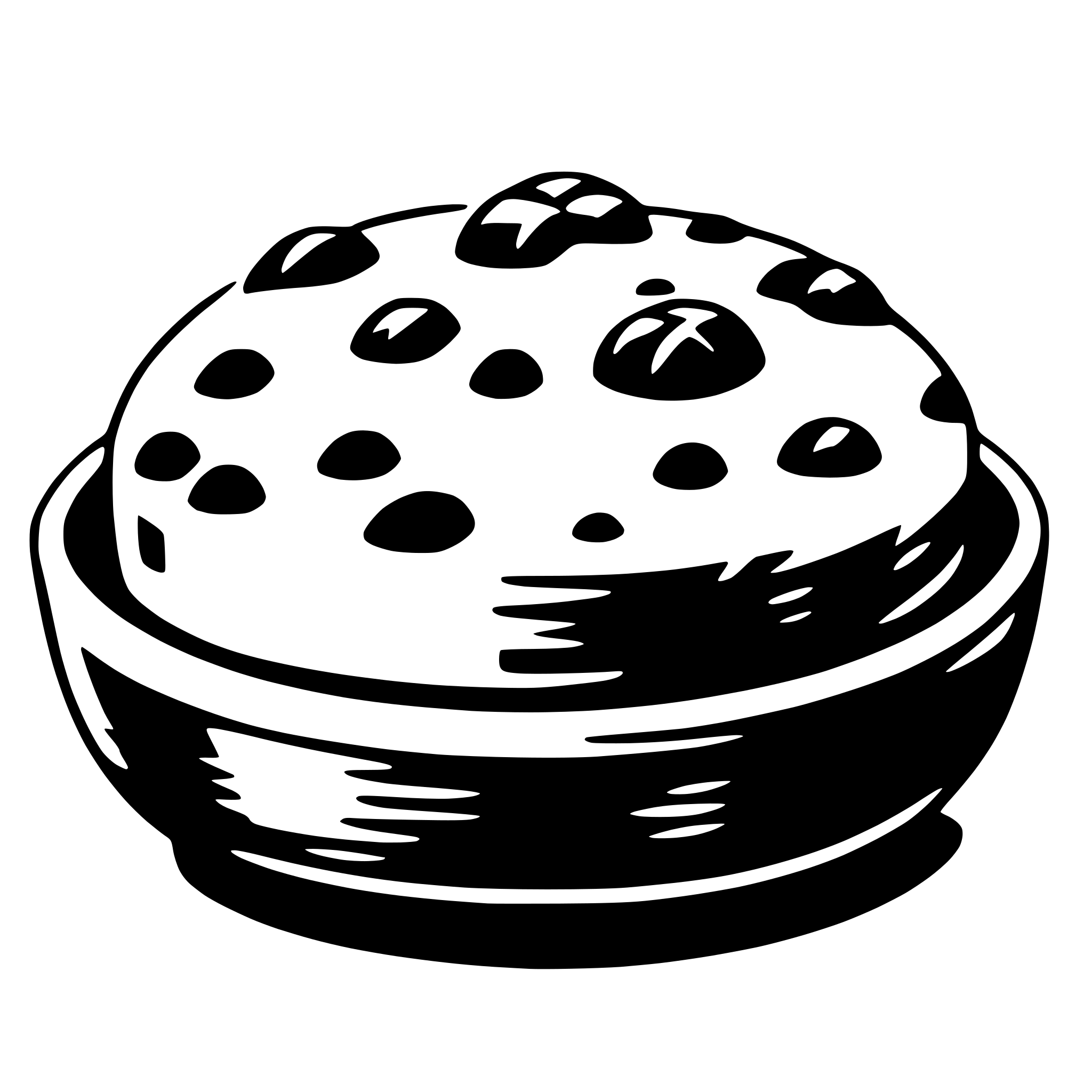 The SVG depicts a stylized, simplistic illustration of a cake. The cake is round with a smooth, curved surface, and it appears to be topped with a few decorative elements that could be interpreted as berries or small fruits. The cake is contained within a circular, raised edge that suggests a cake pan or a serving dish. The illustration is monochromatic, with the cake and its decorations in a darker shade, and the background is white. There is no interaction between the objects as the SVG is static. 