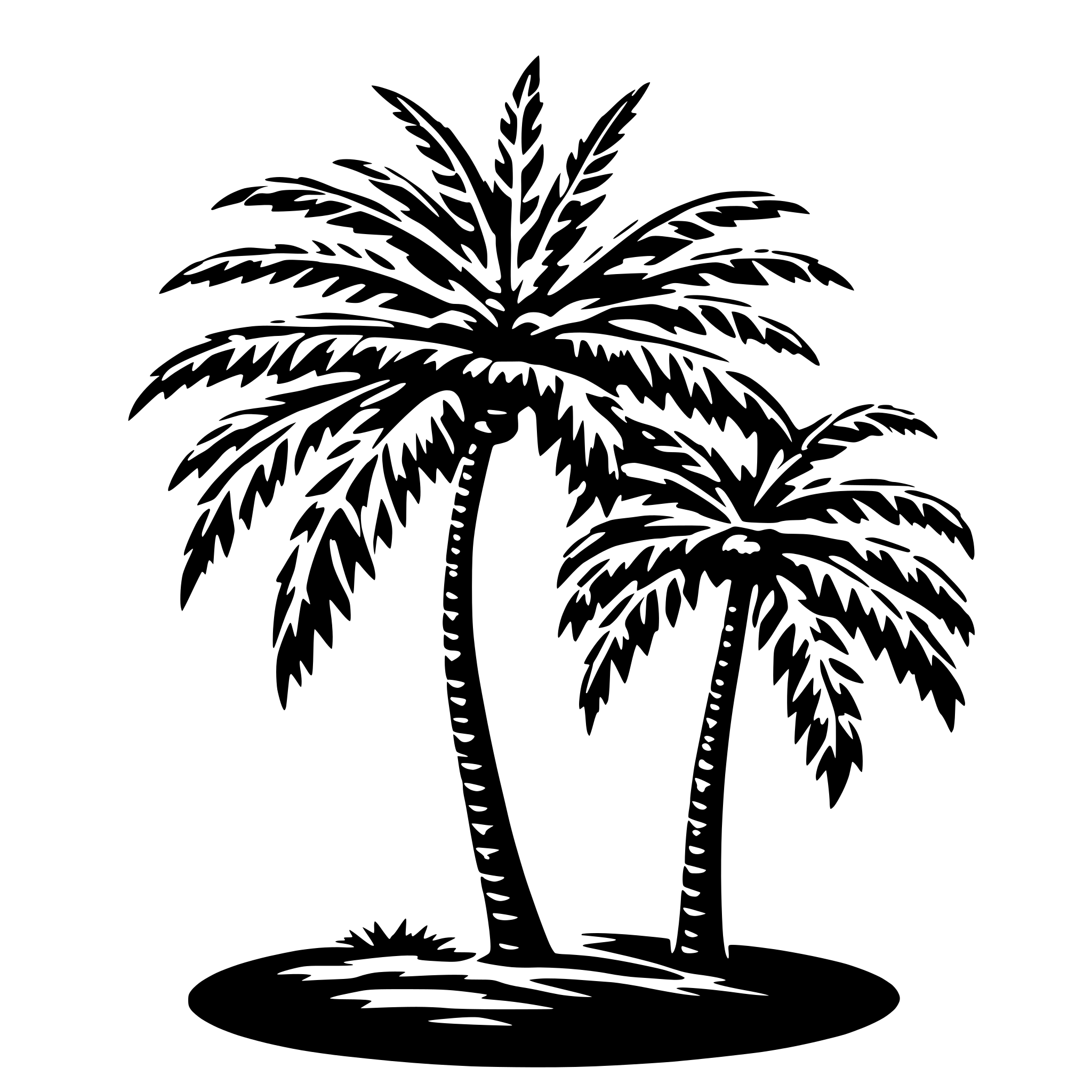 AI-generated SVG of a A black and white SVG of a single palm tree with a curved trunk and fronds spread out evenly. The design is clean and symmetrical, with no background elements.