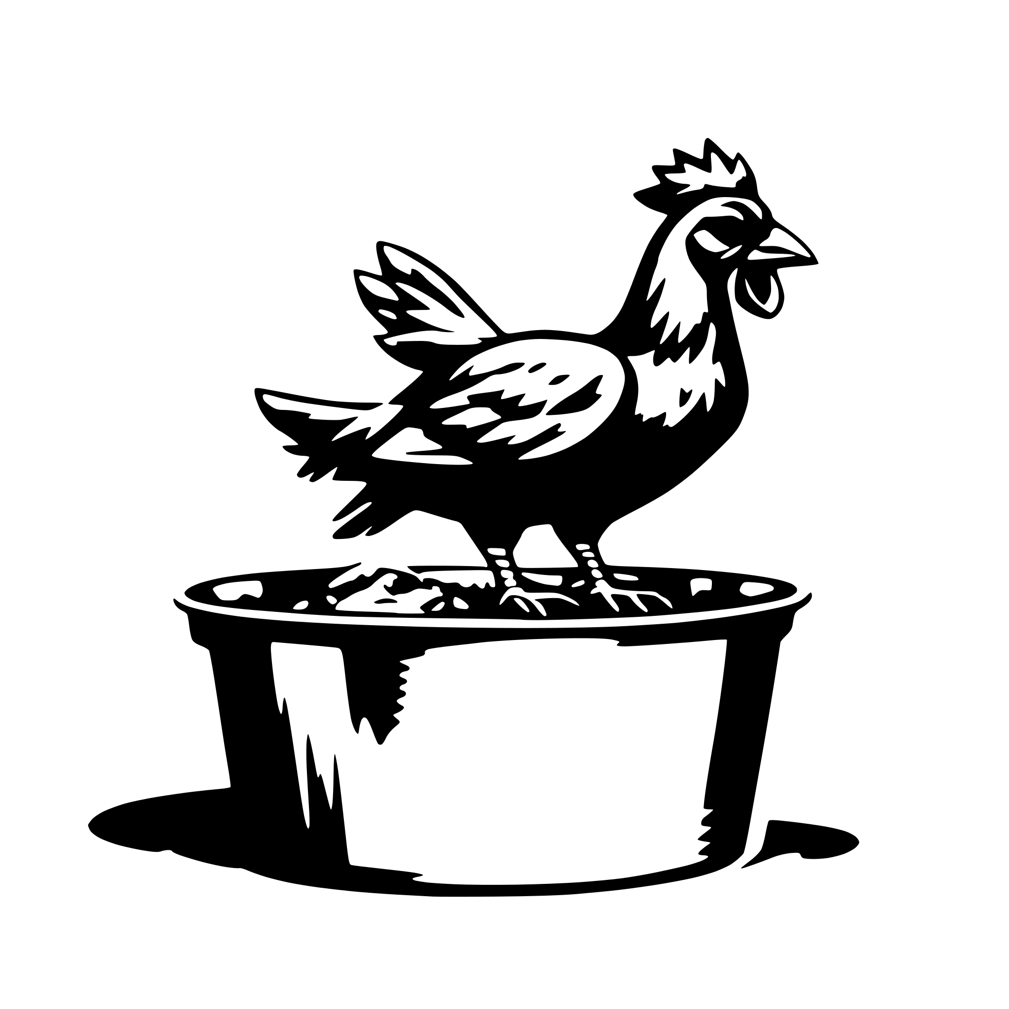 AI-generated SVG of 'A chicken coming out of a casserole with the lid of the casserole on its head'