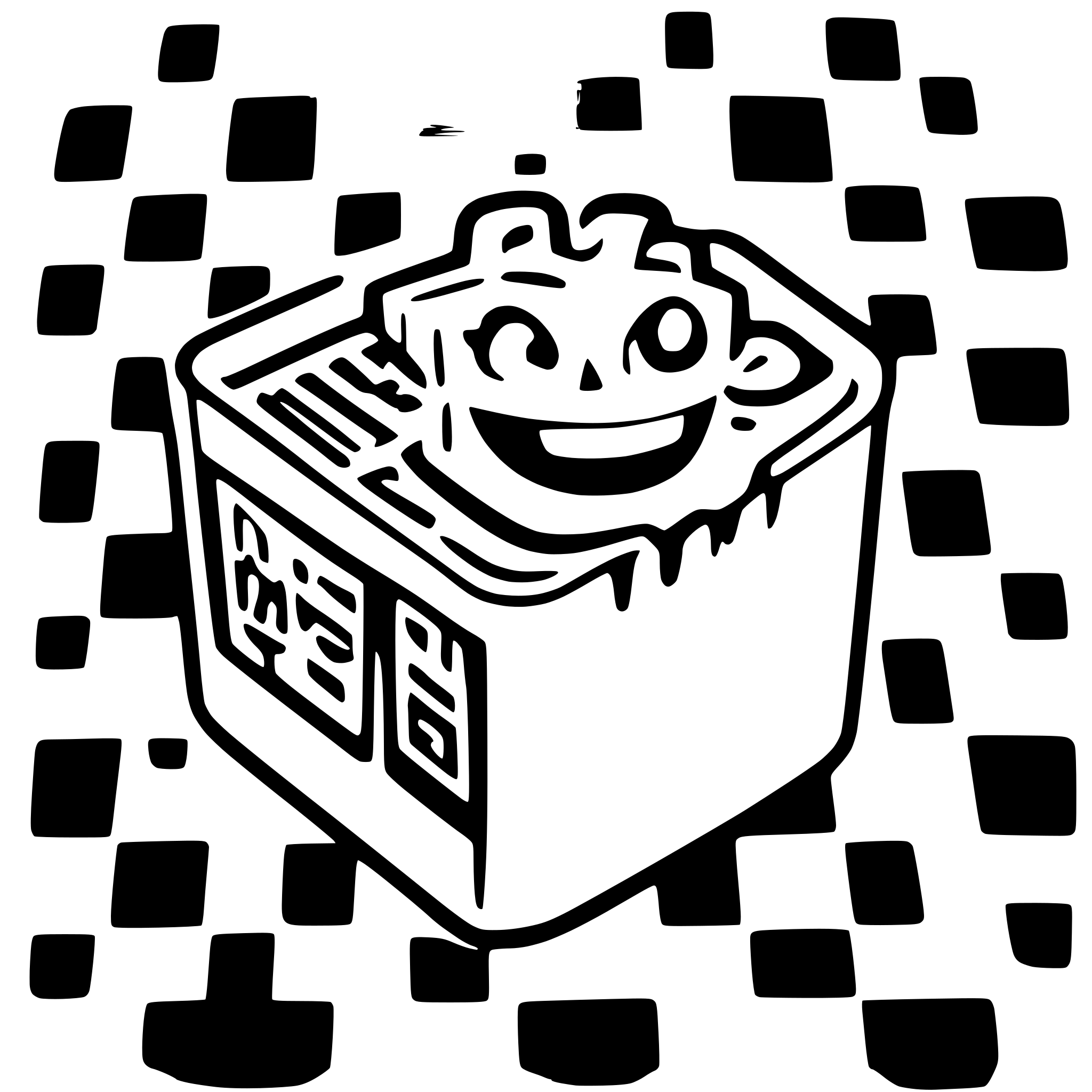 AI-generated SVG of 'a box open at the top without lid with serveral denture models and pieces of pater. on the front a sticker with a qr code'