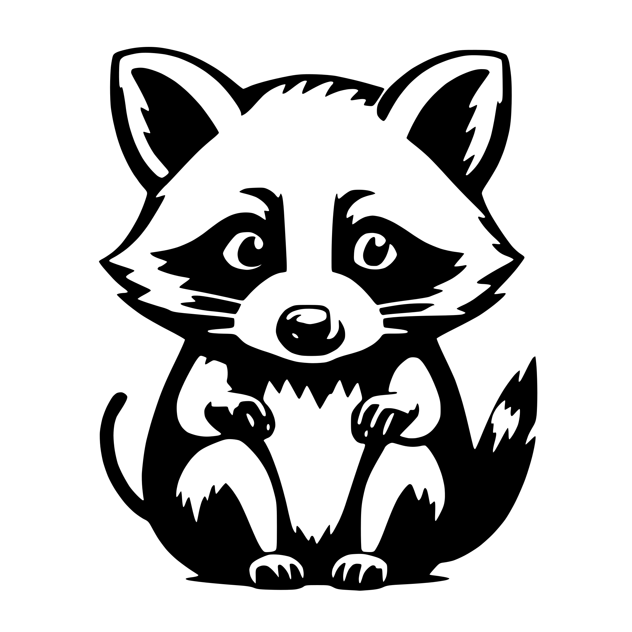 AI-generated SVG of 'a solid cute and friendly raccoon plotting with its hands. no decorations, no fur details. mainly solid coloured surfaces.'