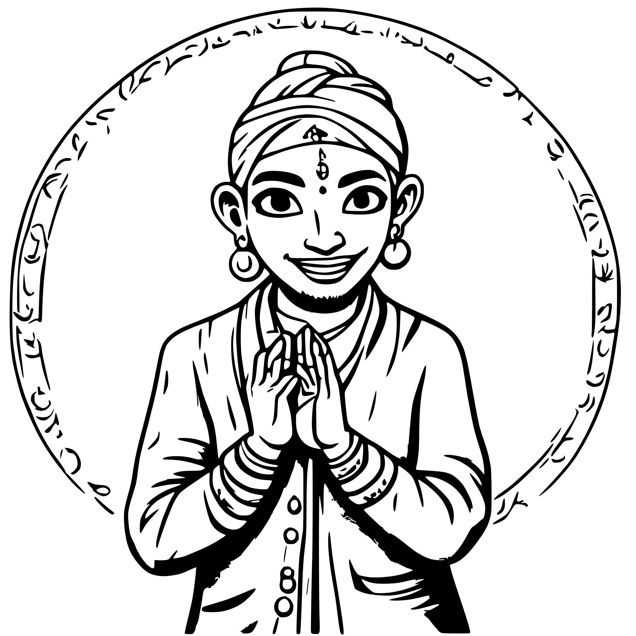 AI-generated SVG of a charming indian man of white complexion and twinkle in eyes doing namaste