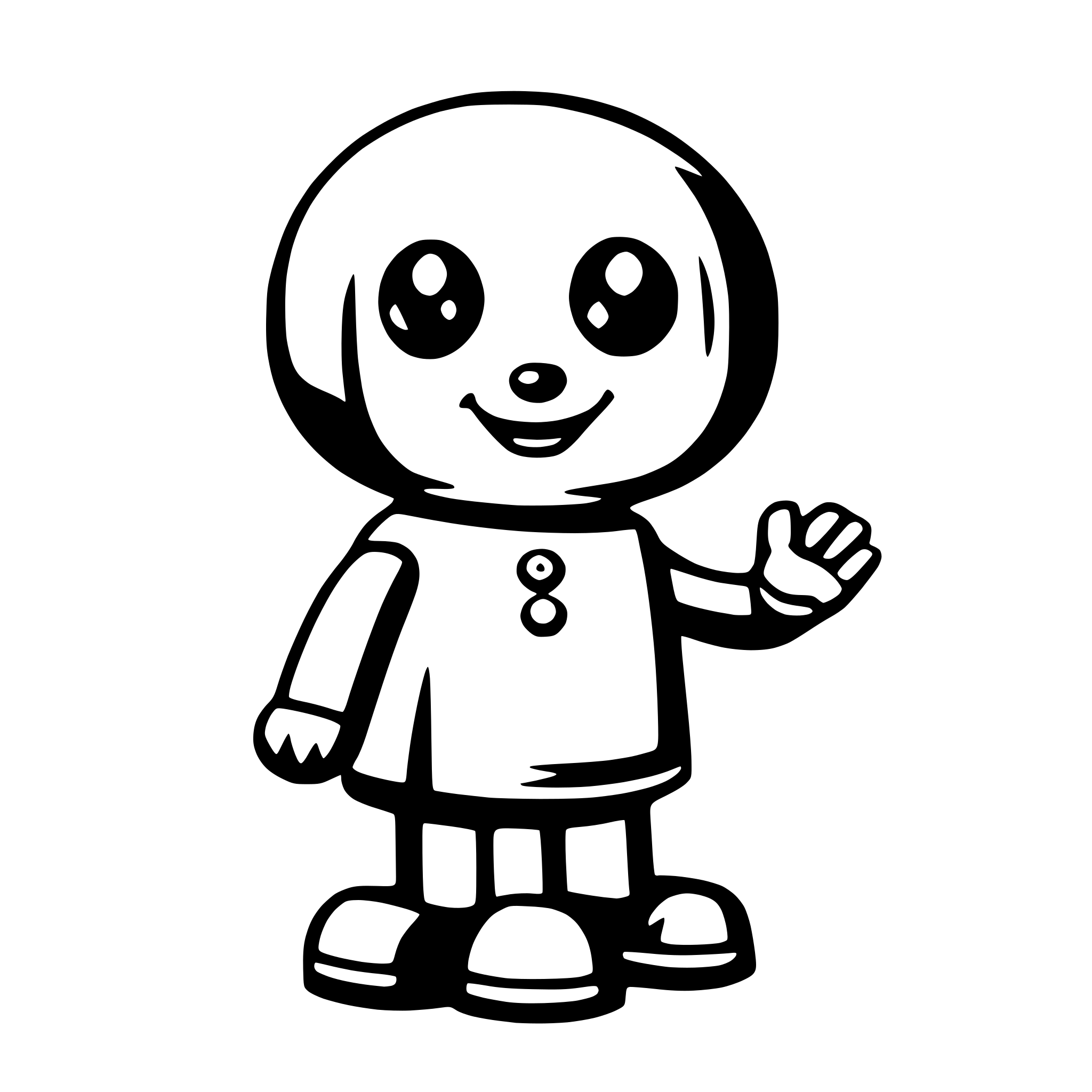 The SVG depicts a cartoon-style character that appears to be a small, anthropomorphic creature with a round head, large eyes, and a simple smile. The character has a small, round body with a button-like feature on the front, and it is wearing a short-sleeved shirt with a collar and a number "8" on the front. The character has two arms with hands, and it is standing with one hand raised as if waving. The style is simplistic and child-friendly, with bold outlines and minimal shading. 