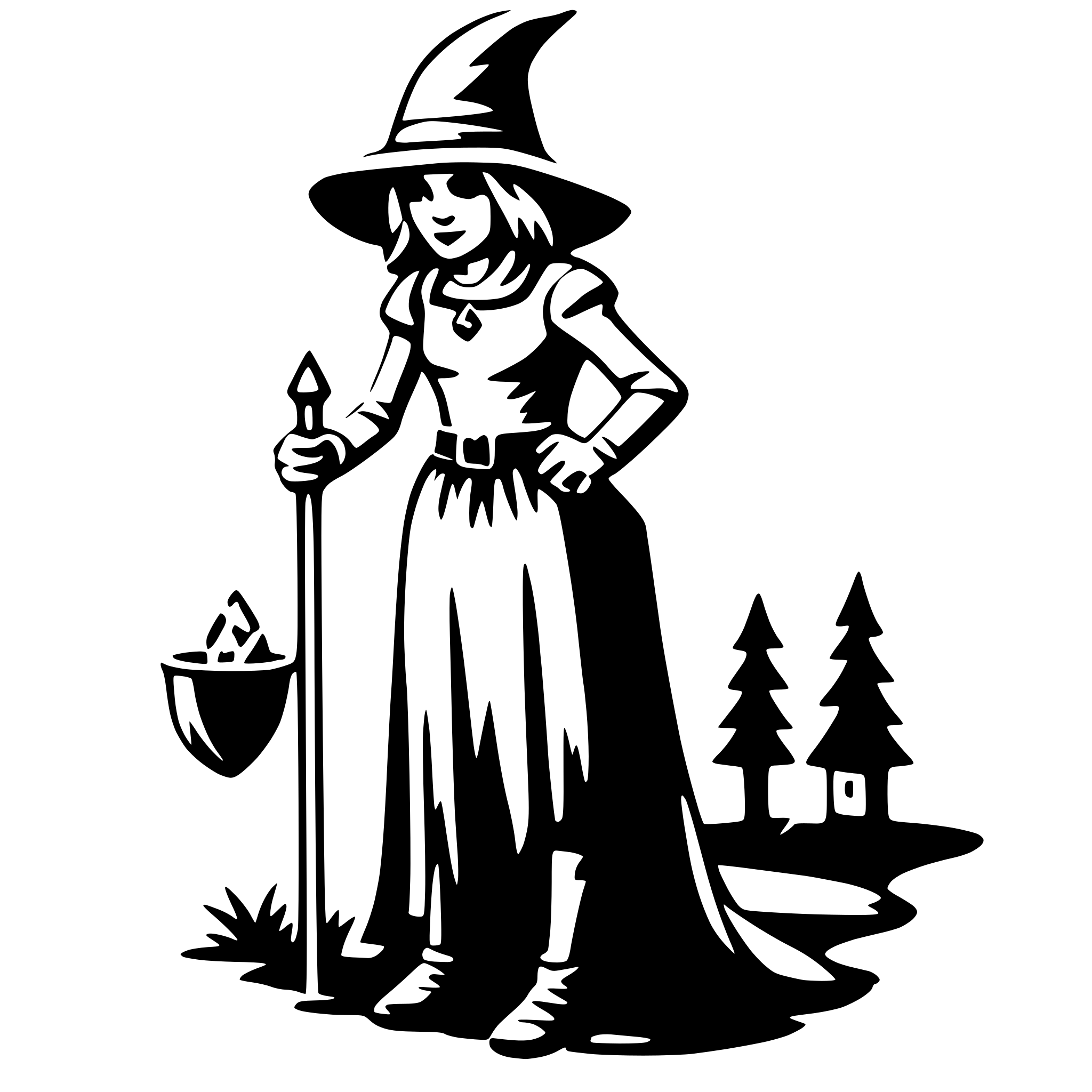 The SVG depicts a stylized illustration of a witch. The witch is standing with her hands on her hips, wearing a long dress with a pointed hat. She is holding a broomstick in her right hand and a cauldron in her left. In the background, there are silhouettes of trees and a house, suggesting a forest or woodland setting. The witch appears to be standing in front of a small garden or patch of earth with a few plants. The overall style is simple and cartoonish, with bold outlines and minimal shading. 
