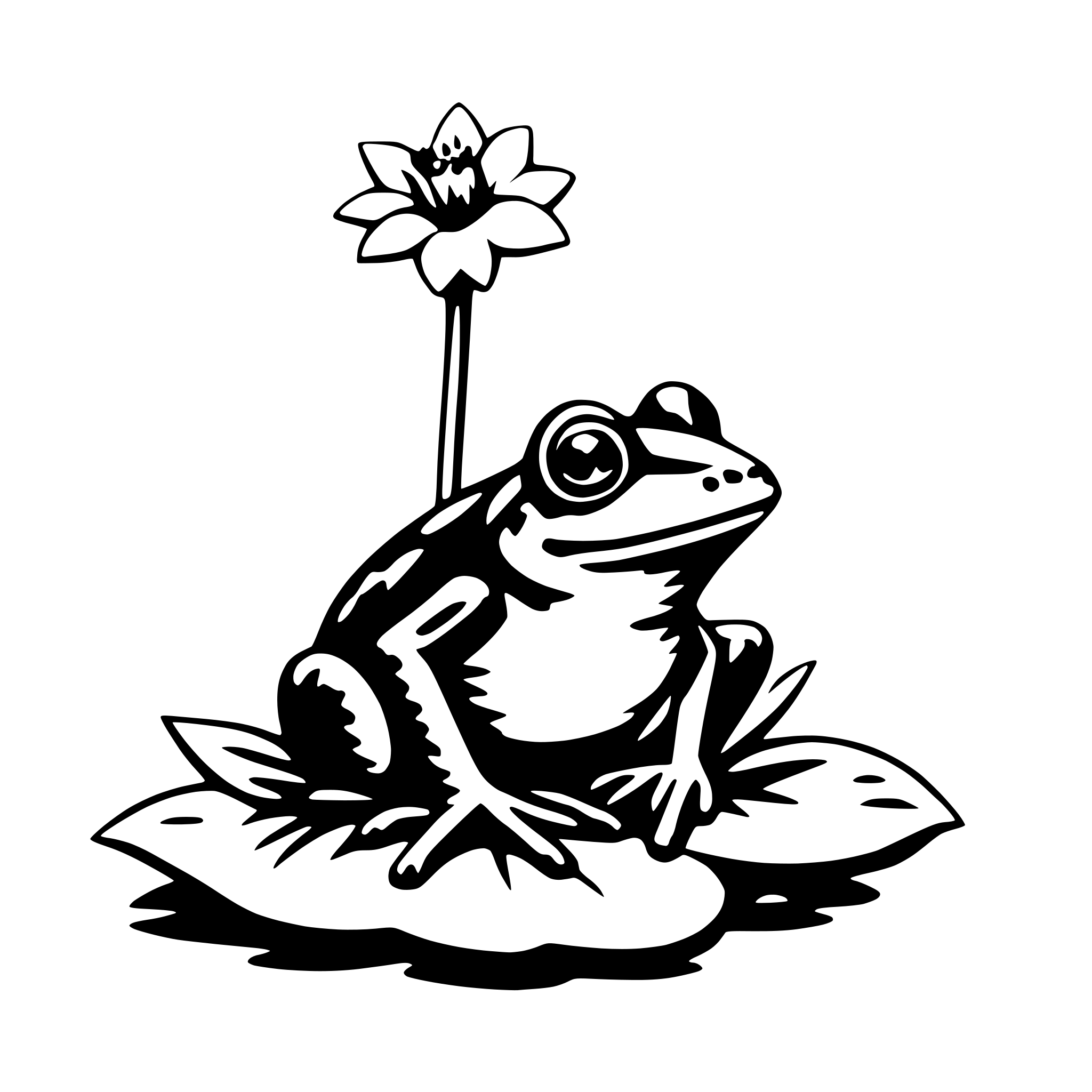 The SVG features a stylized illustration of a frog sitting on a lily pad. The frog has large, round eyes and a wide mouth, with a prominent tongue sticking out. It has a smooth, rounded body with a pattern of spots or bumps on its back. The lily pad is depicted with a simple, leaf-like shape, and there is a small flower with a stem and a single petal on top of the lily pad. The frog appears to be resting or observing its surroundings. The SVG is simple and cartoonish in style, with bold outlines and minimal shading. 