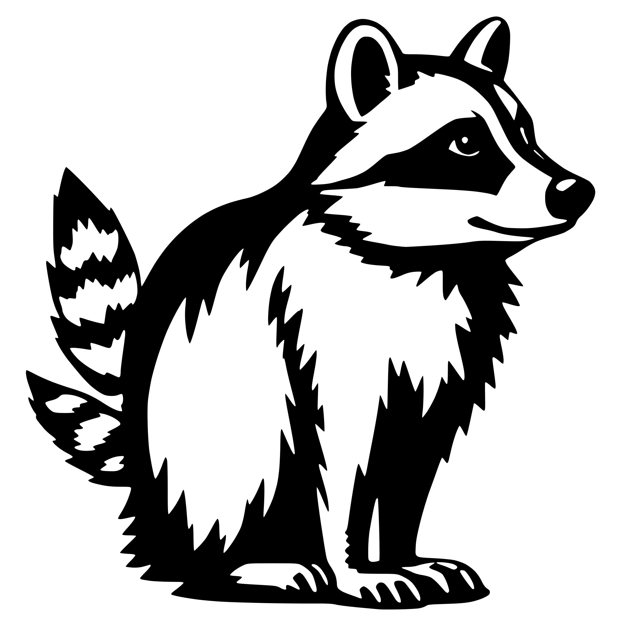 AI-generated SVG of a 2D outline of a racoon standing, right profile, simple
