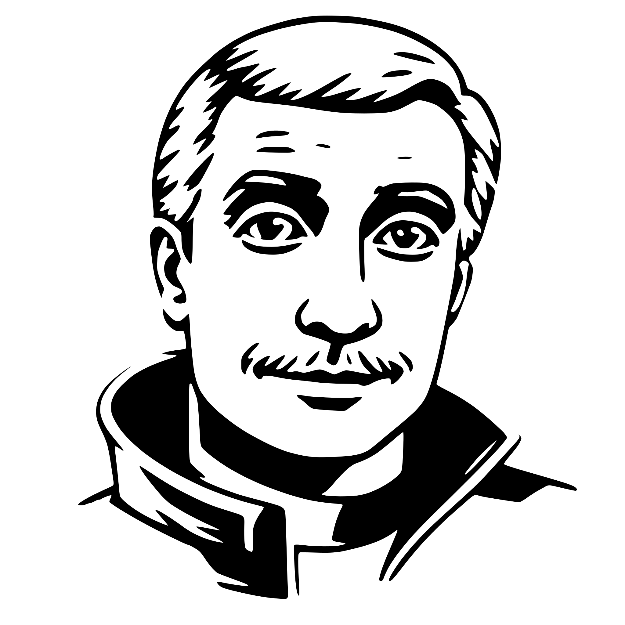 The SVG is a black and white line drawing of a man's face. The man has a mustache and is wearing a dark jacket with a collar. His hair is styled in a neat manner, and he has a serious expression. The lines are clean and the SVG is simple, with no additional objects or interactions depicted. 