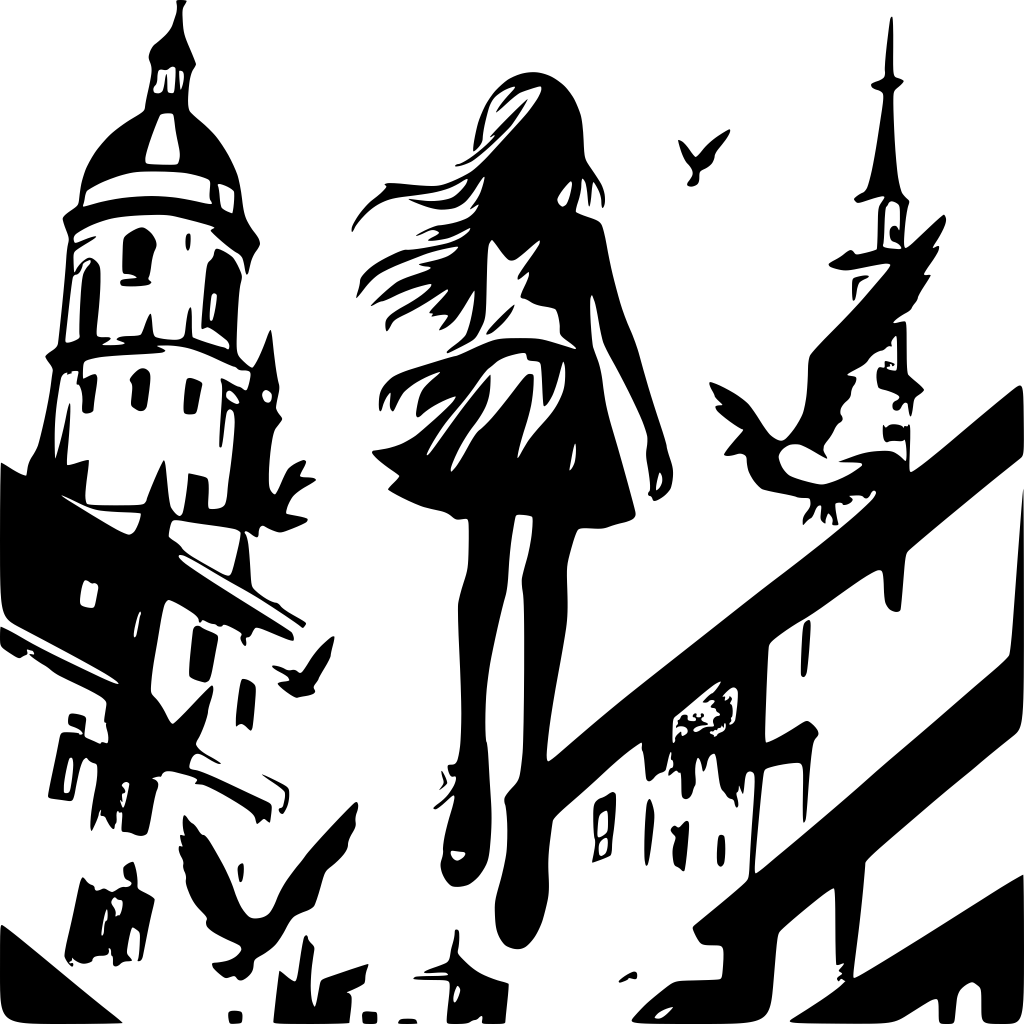 AI-generated SVG of a a creepy girl high amongst the city rooftops surrounded by birds and steeples and buildings  above her