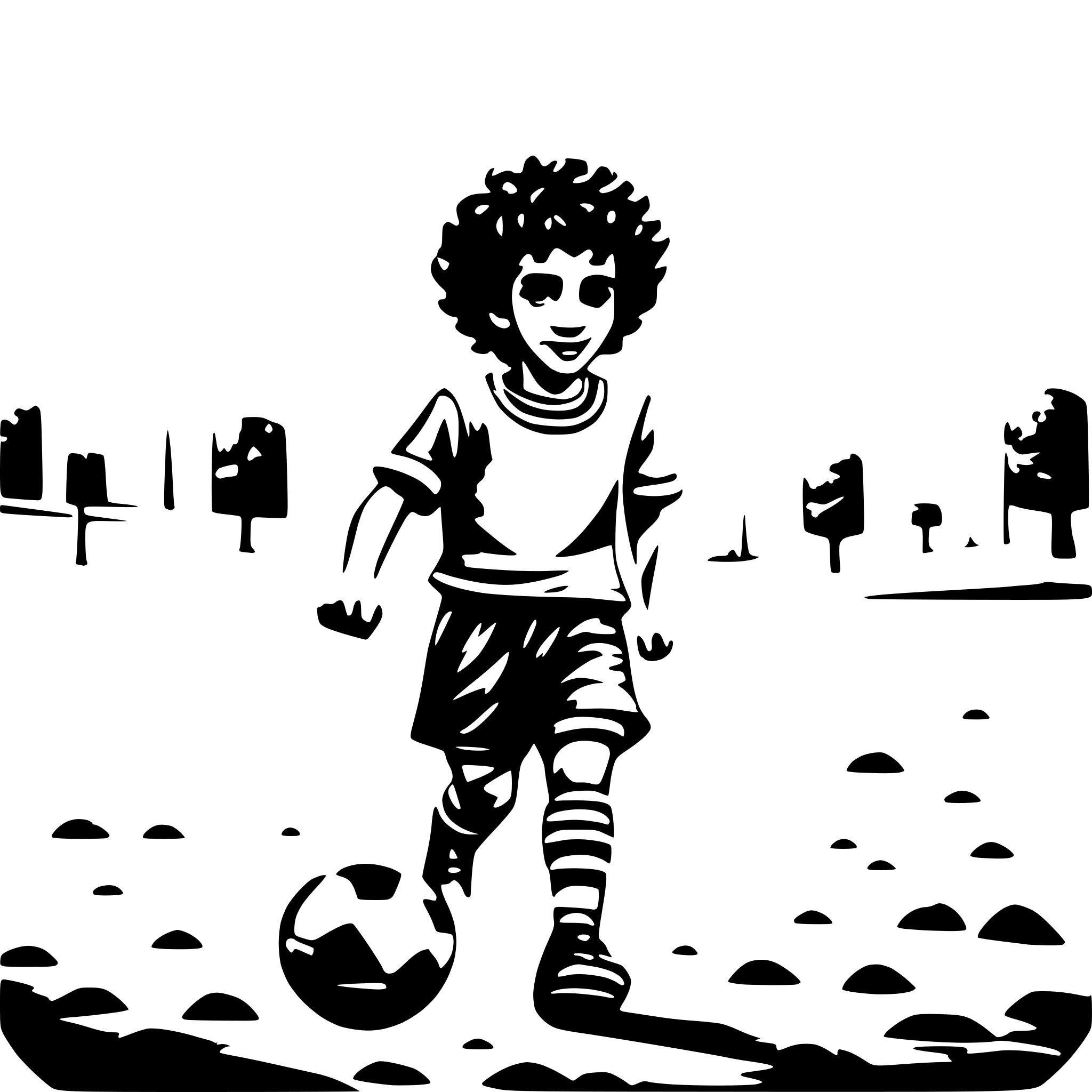 AI-generated SVG of a A cute little boy, with curly hair, playing soccer with his friends on the dirt field of their neighborhood in Iran.