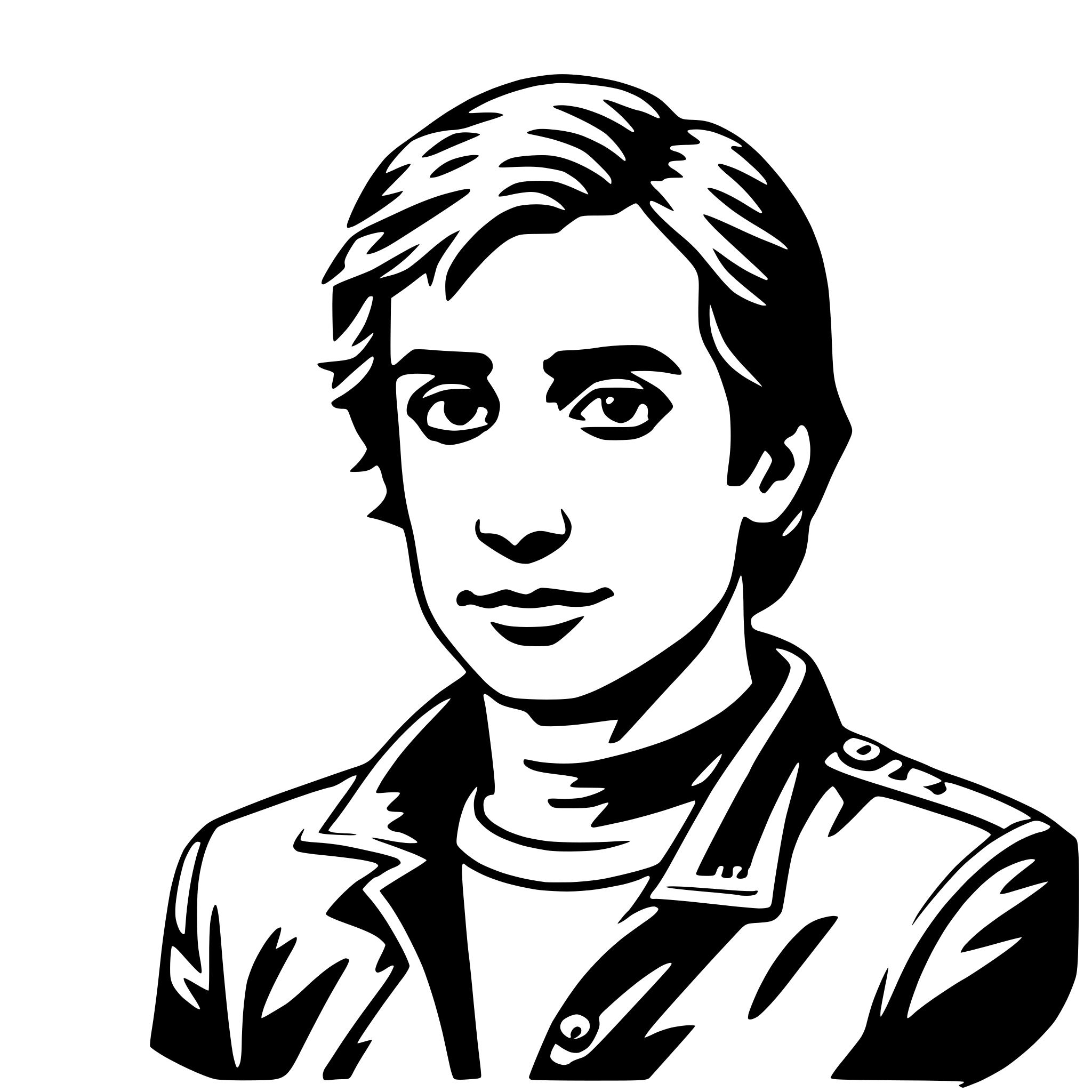 The SVG is a black and white vector illustration of a person's head and shoulders. The person has short hair, a neutral expression, and is wearing a jacket with a collar. The style is simplistic and cartoon-like, with clean lines and minimal shading. The SVG does not contain any text or additional objects. The person's gaze is directed straight ahead, and the overall composition is centered. 