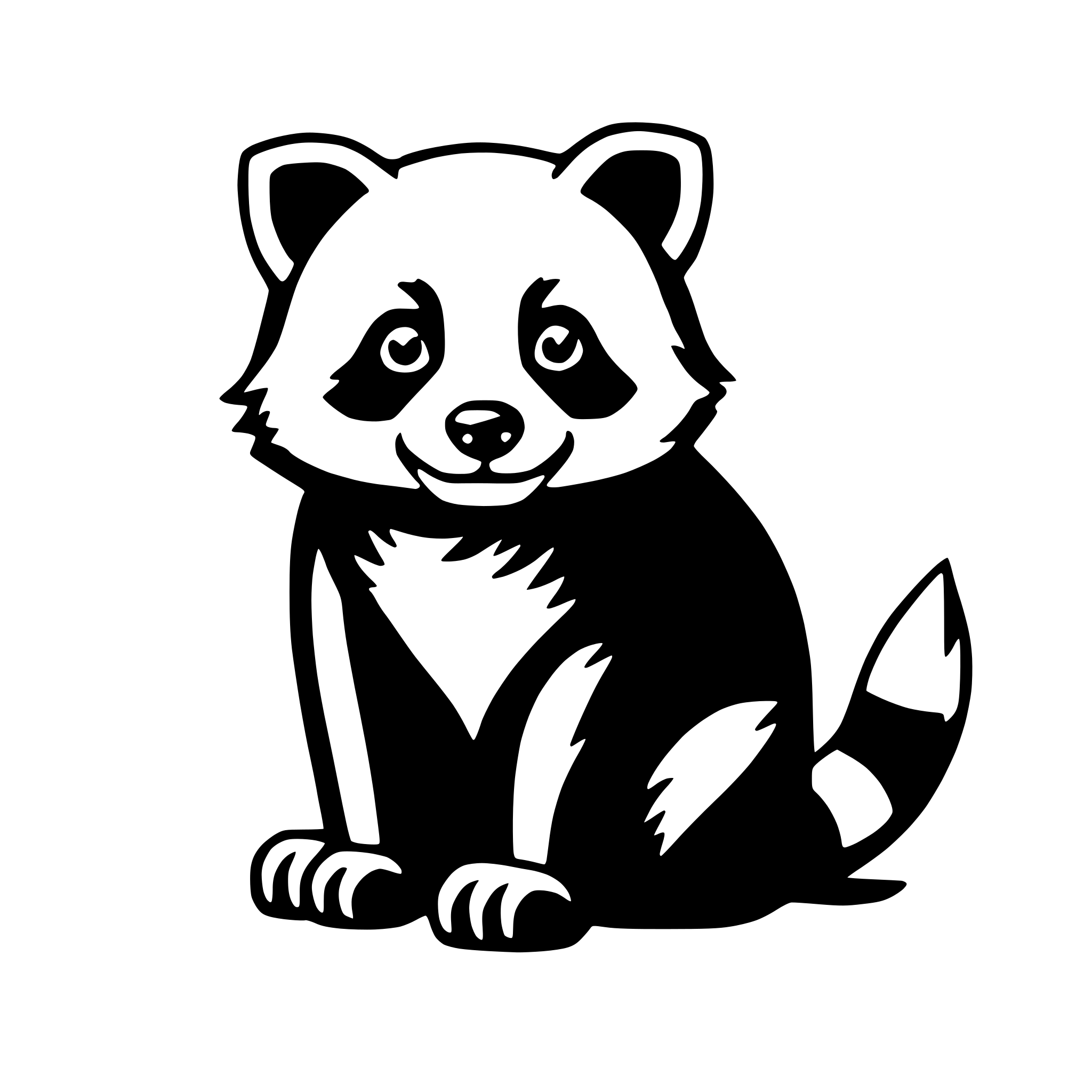 The SVG depicts a cartoon-style illustration of a raccoon. The raccoon is sitting upright with its front paws extended forward and its tail curled around its body. It has a round head with two large, round eyes and a small, round nose. The raccoon's fur appears to be a mix of black and white, with the black fur being more prominent on its back and the white fur being more prominent on its chest and face. The raccoon's ears are pointed upwards, and it has a small, round tail with alternating black and white rings. The SVG is simple and does not depict any interaction with other objects. 
