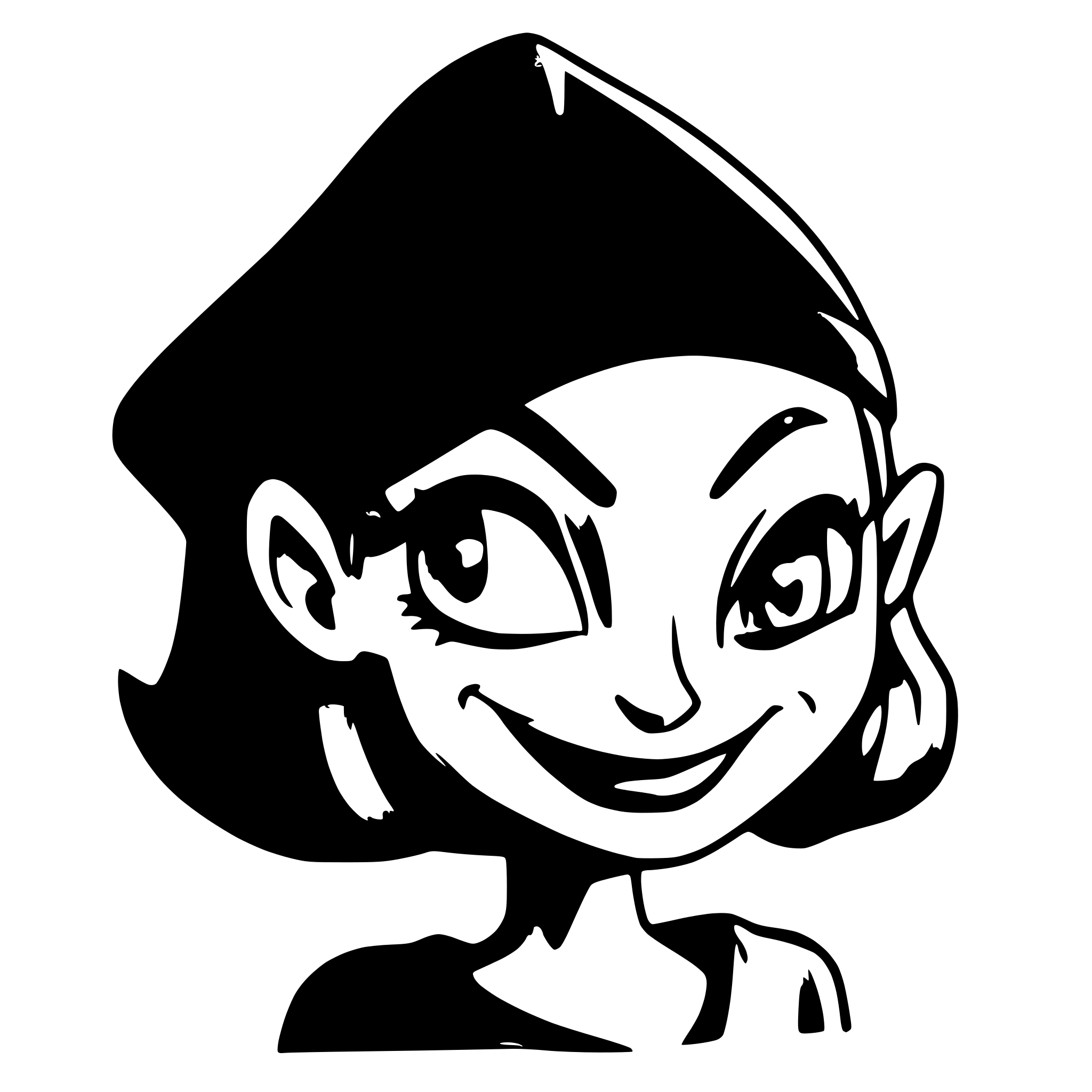 AI-generated SVG of a Cartoon evil nasty witch with purple hair and green skin. Her eyes are sunken and open and she's laughing. Her hat is completely in the picture. She's facing the viewer
