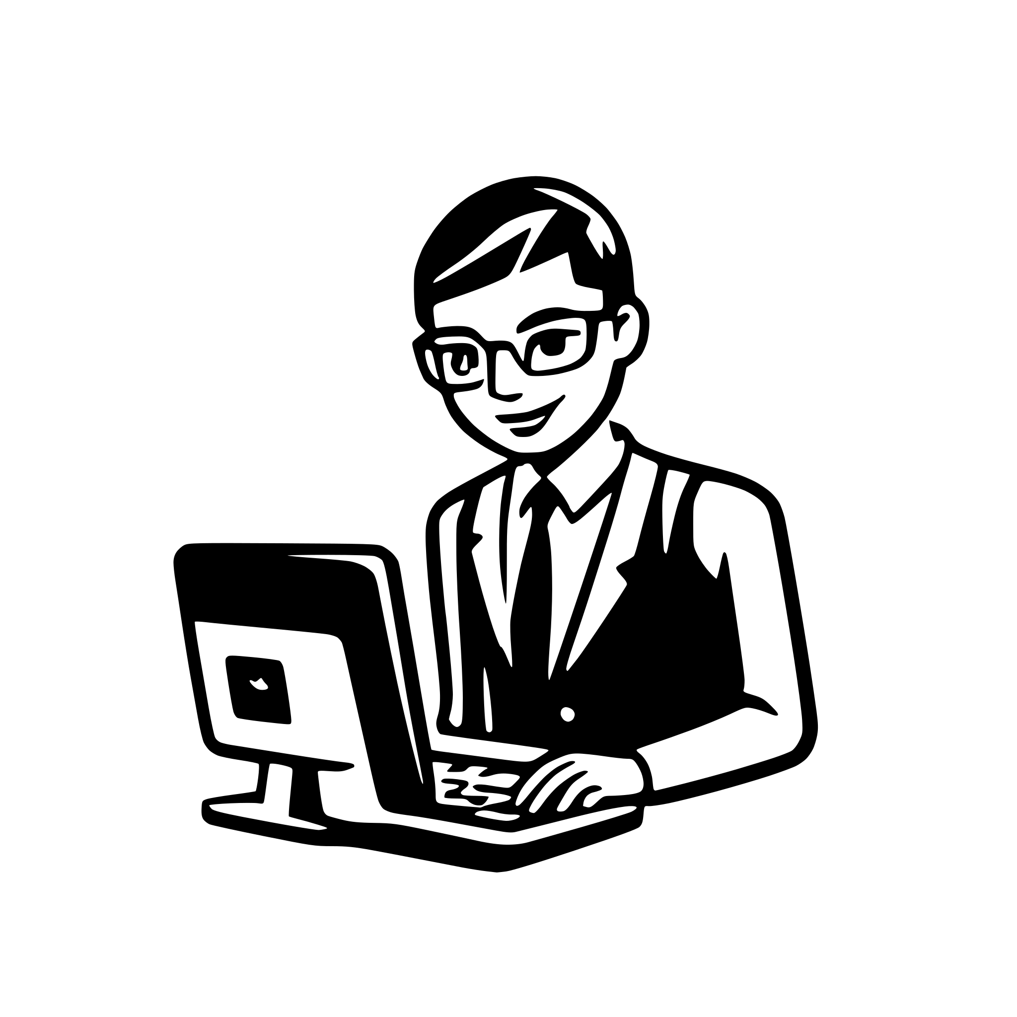 AI-generated SVG of a short haired happy guy typing on computer