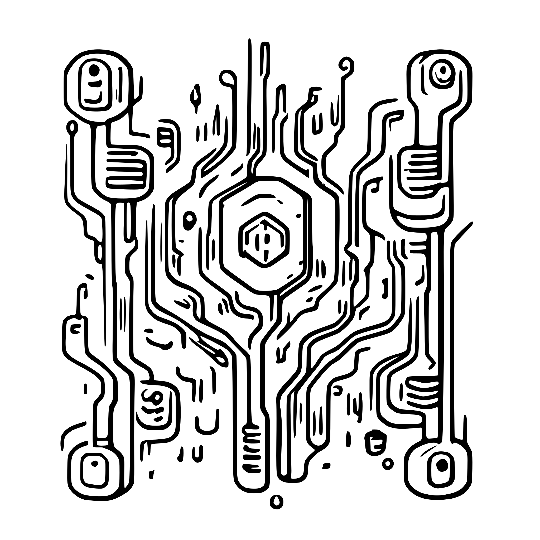 AI-generated SVG of a a top down MCU circuit elements with wires extending up, down, left, and right