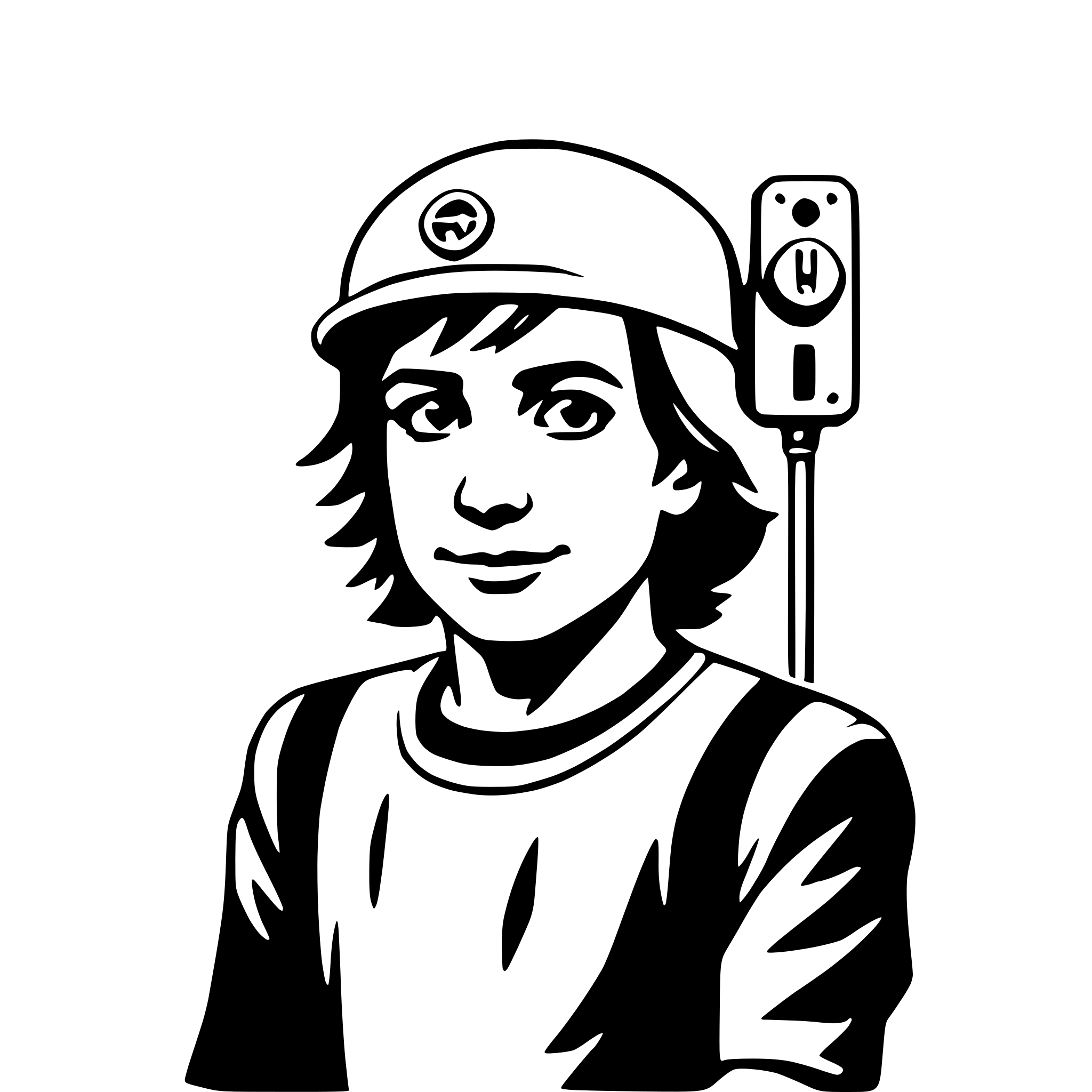 The SVG depicts a stylized black and white illustration of a person. The individual is wearing a cap with a logo on the front, a short-sleeved shirt, and appears to be smiling. They are holding a device that resembles a walkie-talkie or a communication device with an antenna. The person's pose suggests a friendly or approachable demeanor. The device is likely a piece of communication equipment, given its design and the antenna. The interaction between the person and the device implies that they are using it for communication purposes. 