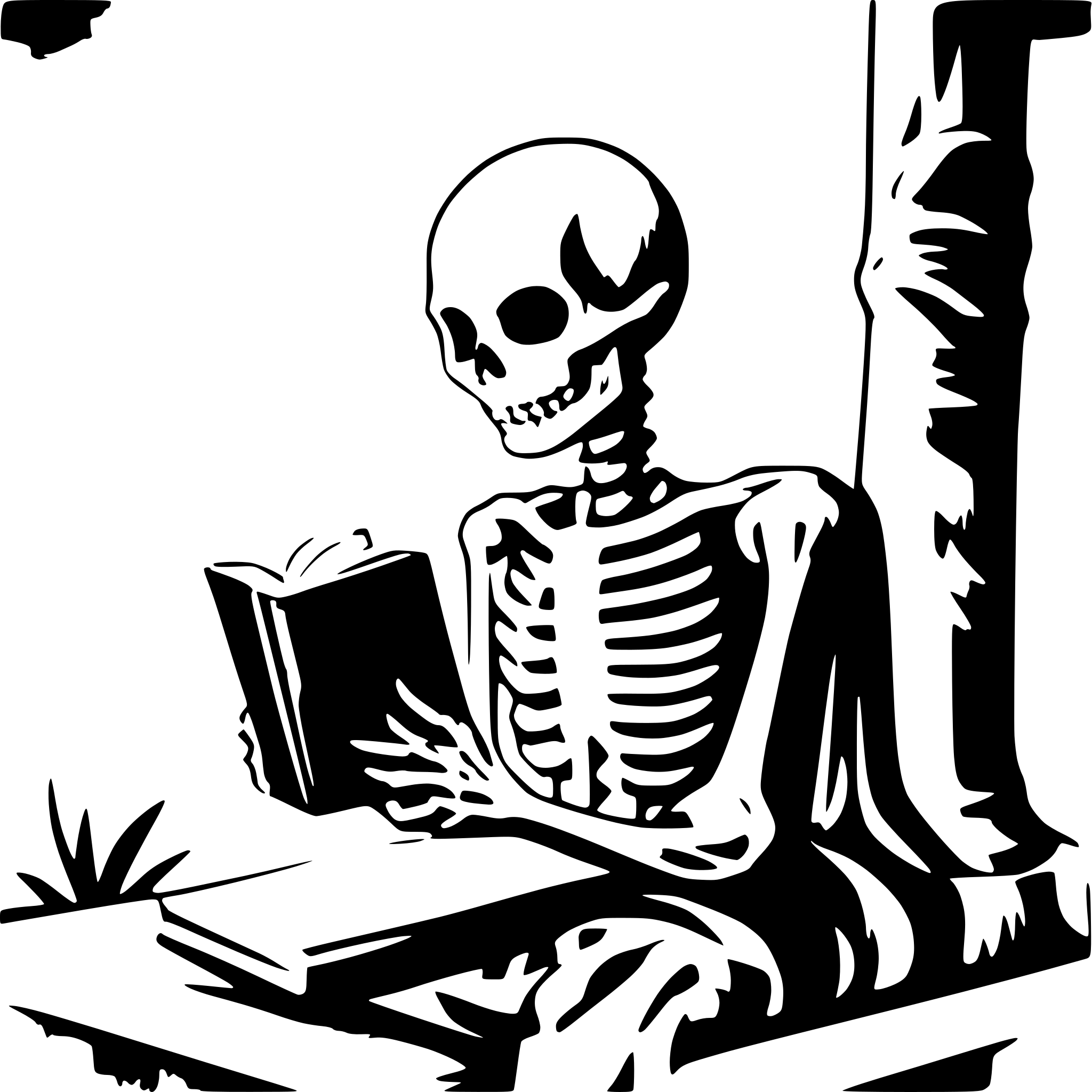 AI-generated SVG of a a skeleton on a cemetery reading a big book