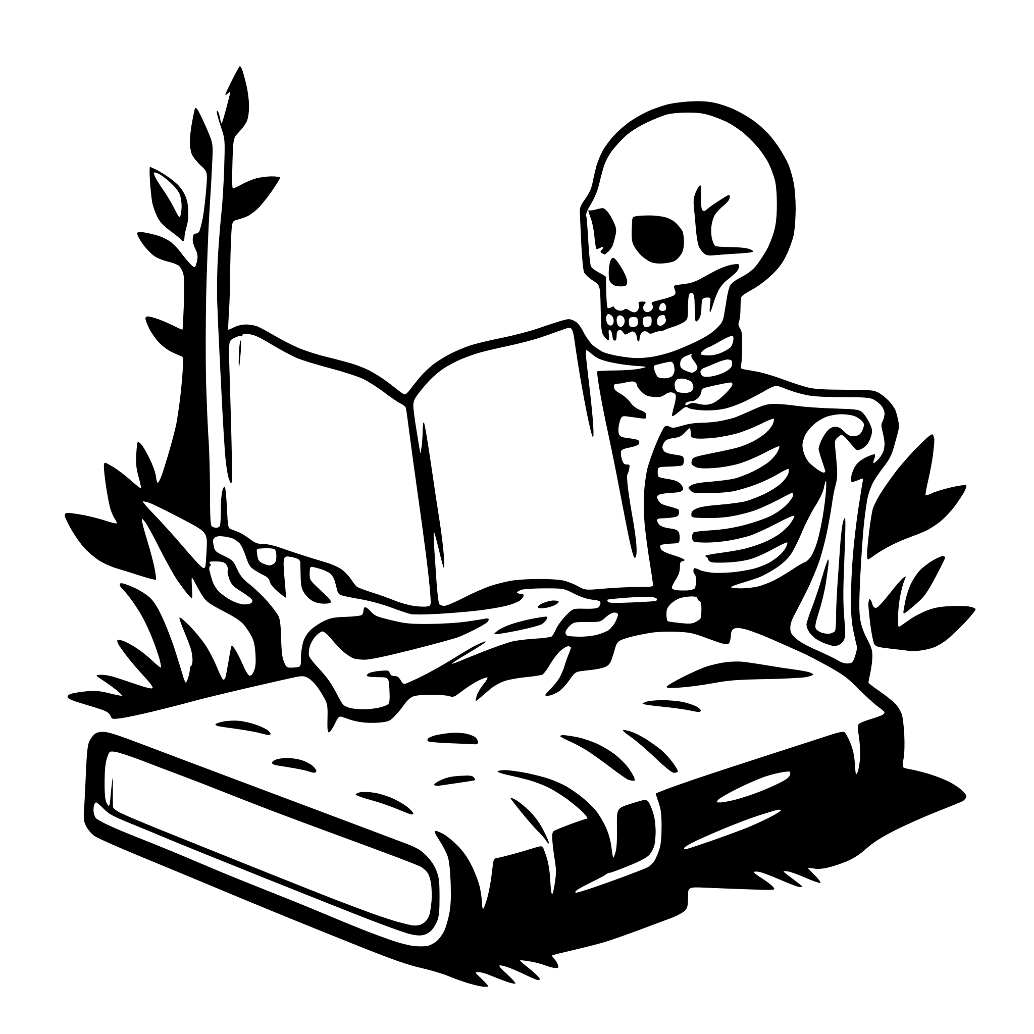 AI-generated SVG of a a skeleton on a cemetery reading a big book