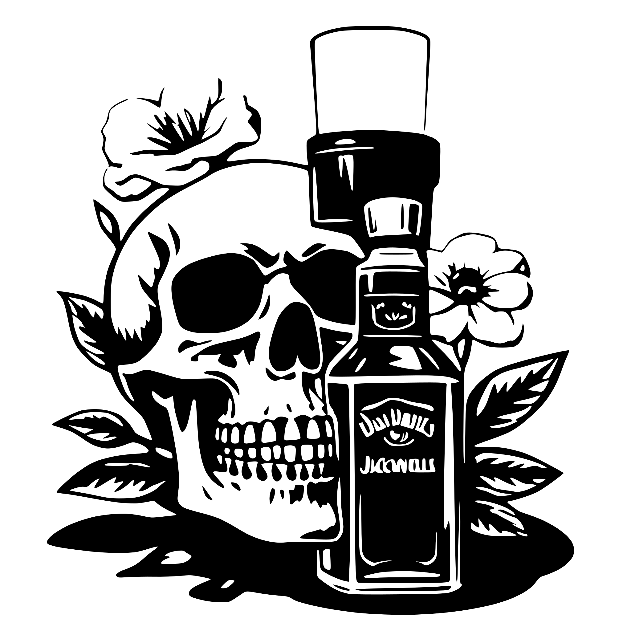 AI-generated SVG of a scull in a flower with a bottle of jack daniels