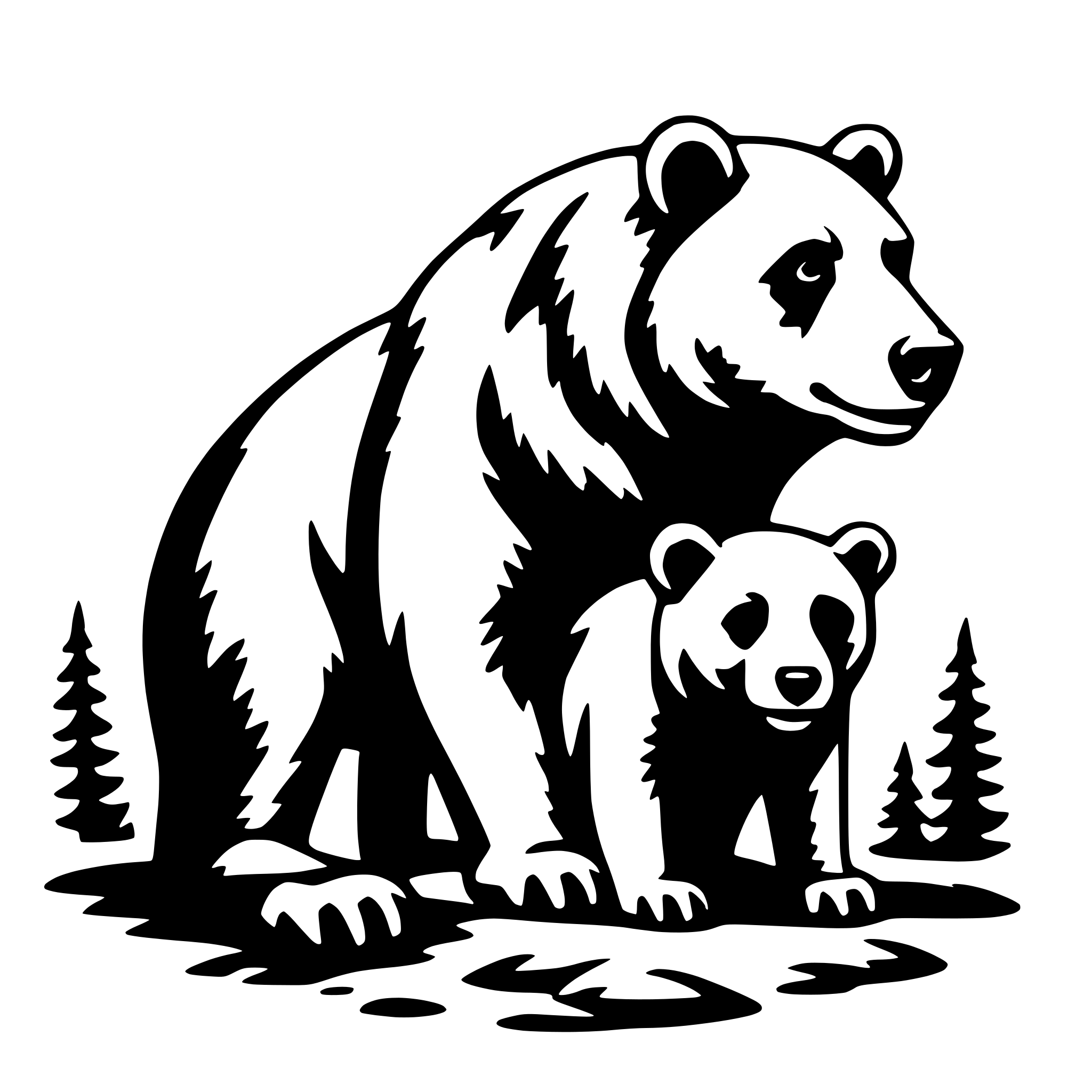 The SVG depicts a mother bear and her cub. The mother bear is standing upright on her hind legs, with her front paws resting on the ground. She is facing the viewer, and her mouth is slightly open as if she is looking at something. The cub is standing on all fours, looking up at the mother bear with a curious expression. Both bears have a detailed fur texture, and their eyes are depicted with a simple line to represent the pupils. The background consists of a simple outline of a forest with trees and a hint of a forest floor. The overall style of the SVG is cartoonish and stylized, with bold outlines and a limited color palette. 