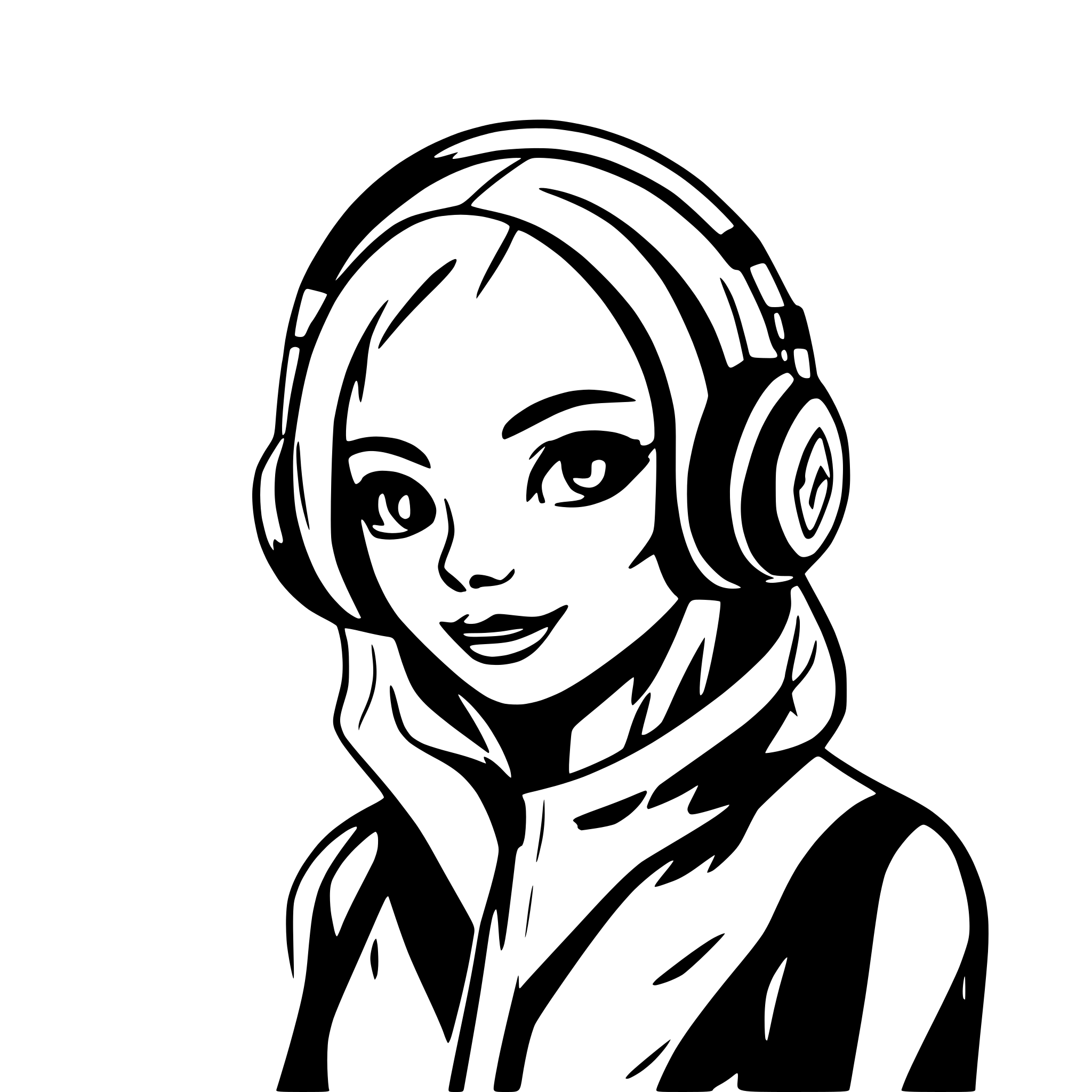 AI-generated SVG of a alien with headphones and nice hair, along with cross eyes, line art