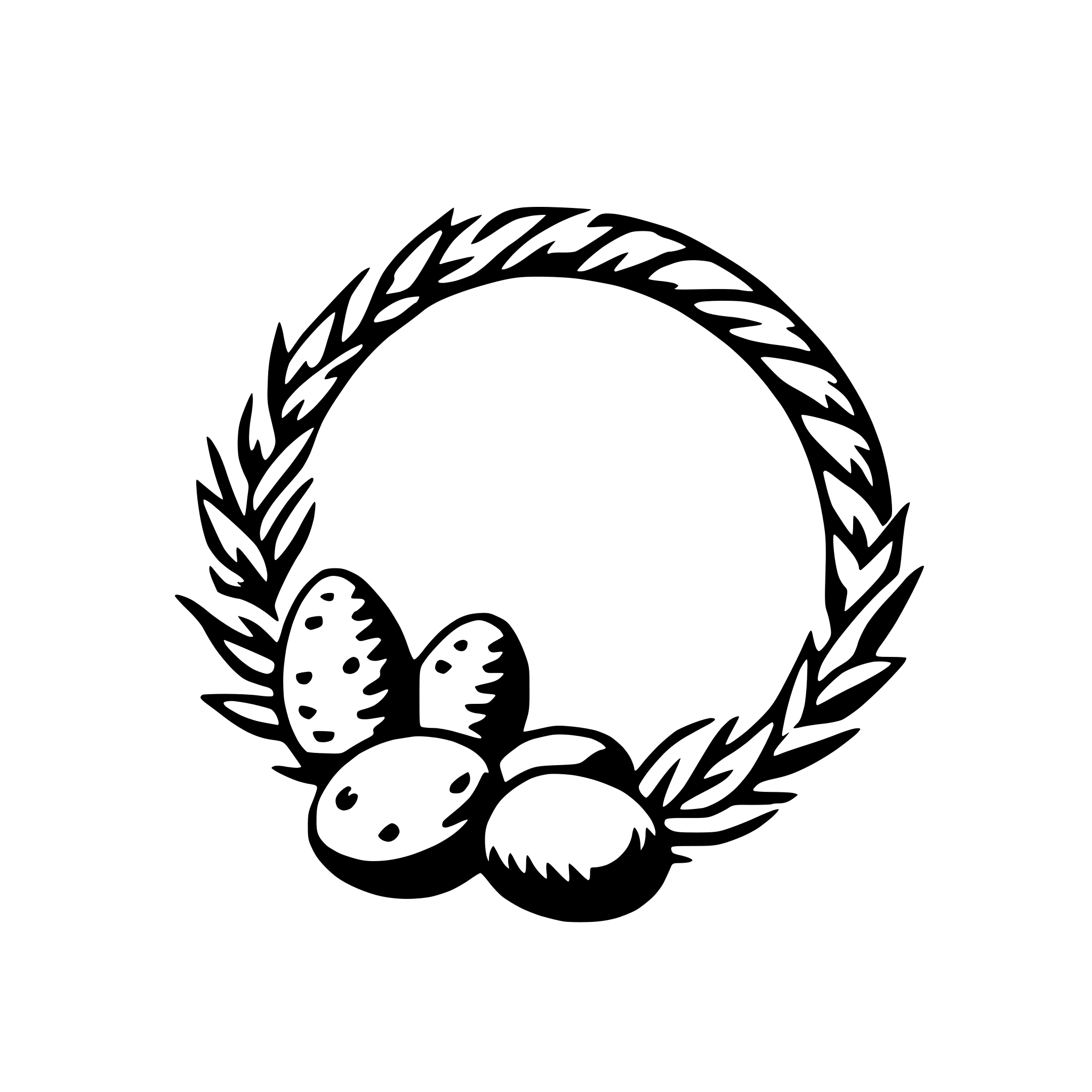 The SVG features a circular wreath with a series of laurel leaves forming a continuous band around the circumference. Inside the wreath, there are three eggs depicted in a stylized manner, with the top egg being larger and the two at the bottom being smaller. The eggs are arranged in a triangular formation, with the largest egg at the top and the two smaller ones at the bottom. The style of the SVG is simple and graphic, with no shading or gradients, relying on solid lines and shapes to convey the objects. 