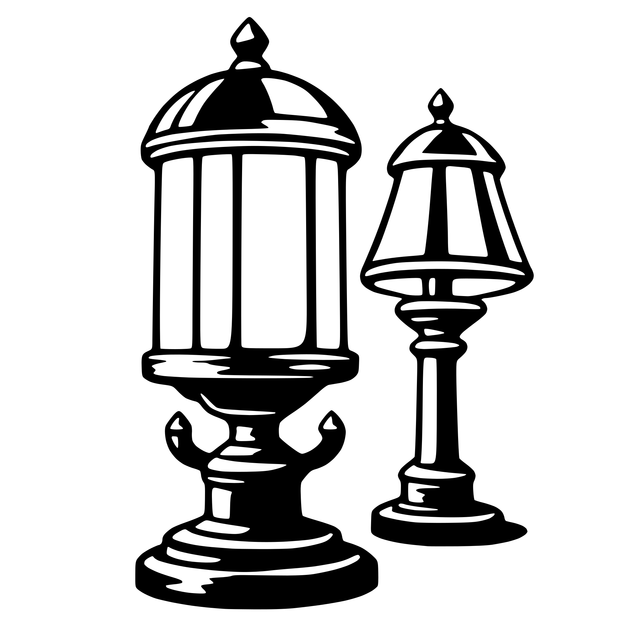 The SVG shows two lamps, one larger and one smaller, both with a classic design featuring a cylindrical base, a vertical column, a dome-shaped shade, and a finial on top. The larger lamp is positioned to the left and the smaller one to the right. The lamps are depicted in a simplified, line-art style with no shading or color, emphasizing their shapes and outlines. There is no interaction between the lamps; they are simply placed side by side. 