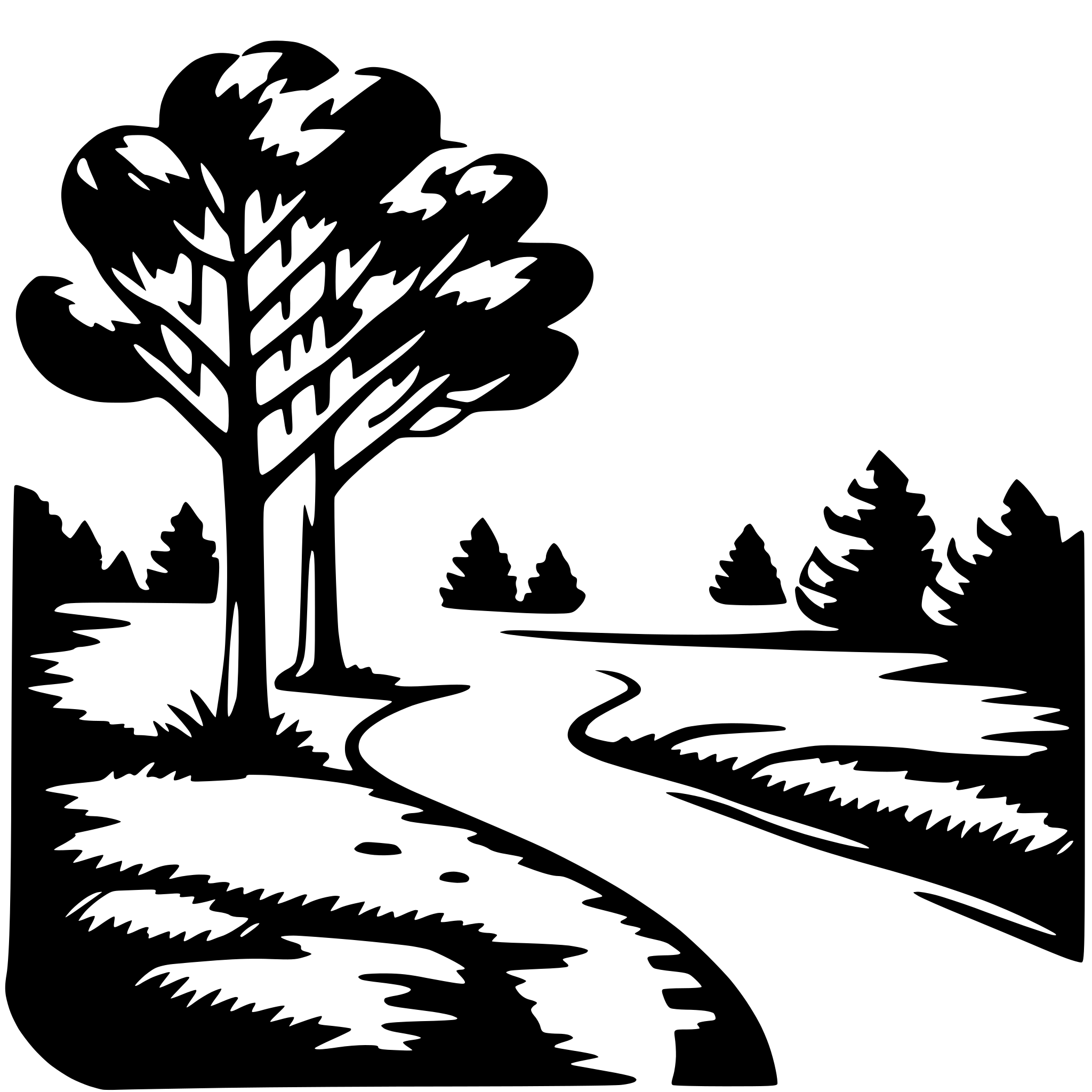 The SVG depicts a stylized, monochromatic scene of a forested area with a path leading through it. The main objects are a tree on the left side, a path that curves to the right, and a series of trees and shrubs along the path. The trees are depicted with a simplified, silhouette-like design, with the path shown as a winding line that suggests a path through the woods. The overall impression is one of a peaceful, natural setting, possibly a trail in a park or forest. 