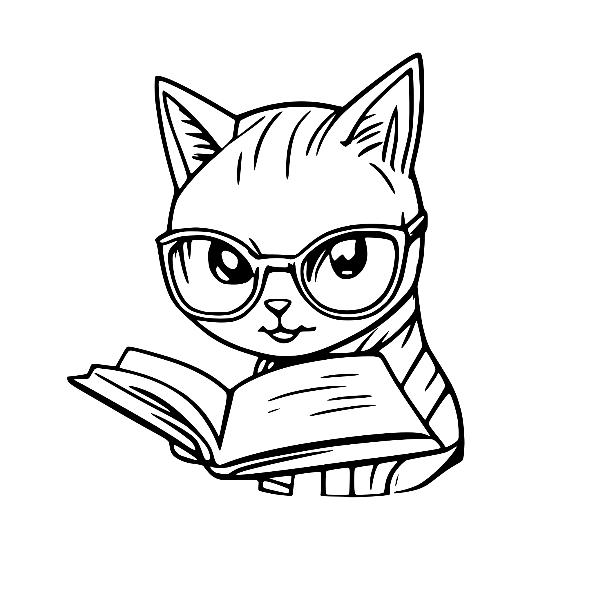 AI-generated SVG of a Orange cat with glasses reading a book