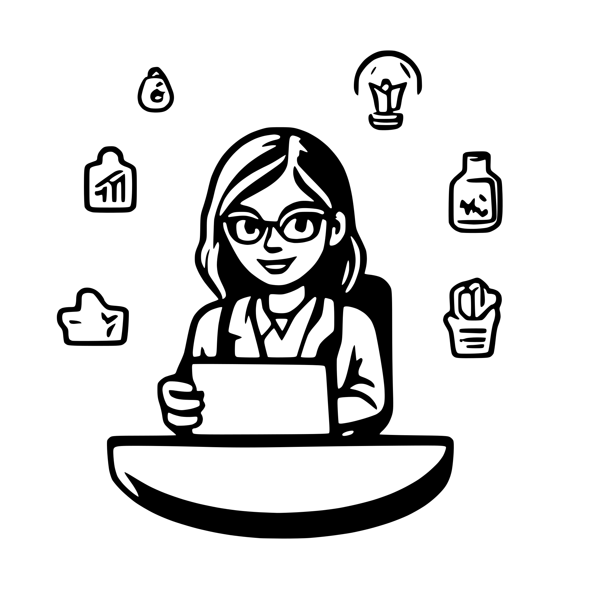 AI-generated SVG of 'A person sitting at a desk with a light bulb glowing above their head, symbolizing an epiphany. The background includes marketing icons like email, social media, and analytics.'