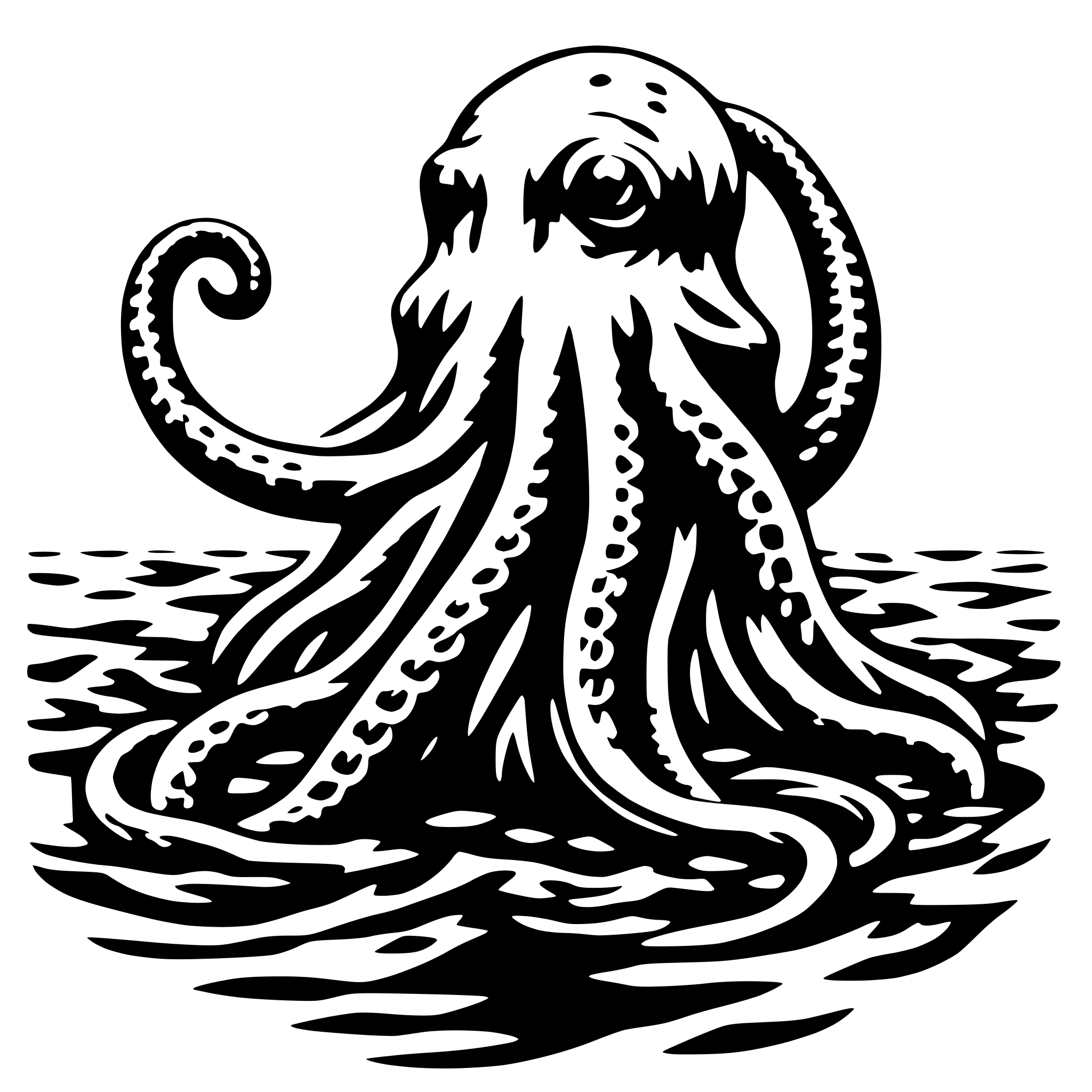 AI-generated SVG of a Kraken, partially submerged in water, also tentacles comming from water around the head