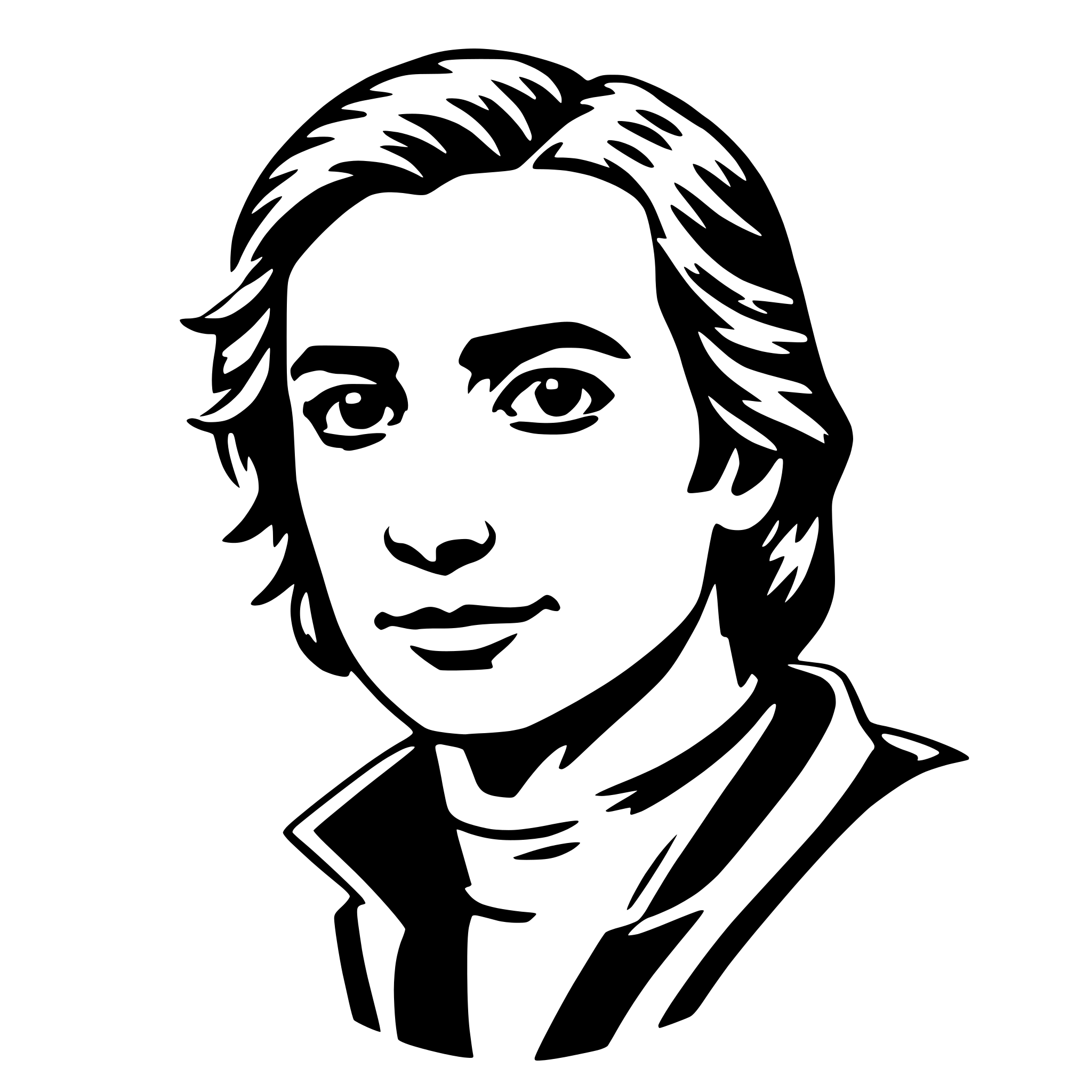 The SVG is a black and white vector illustration of a person's head and shoulders. The person has short, wavy hair and is depicted with a neutral expression. The individual is wearing a dark-colored garment with a collar, suggesting a formal or semi-formal attire. The style of the illustration is simplistic and stylized, with clean lines and minimal shading, which is typical for vector graphics. 