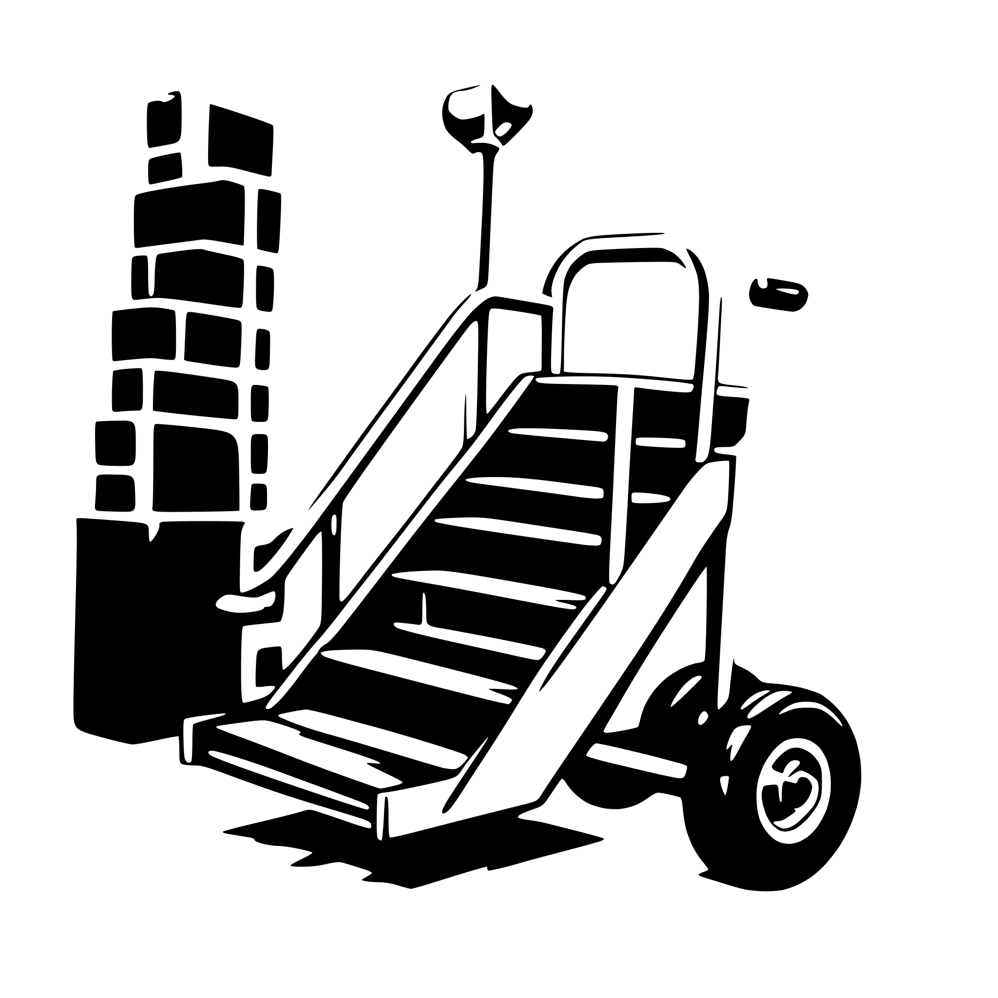 AI-generated SVG of 'A stair-climbing hand truck carrying a package, smoothly ascending a staircase. The stair-climbing device has robust wheels designed to tackle steps, with a large, securely strapped package.'