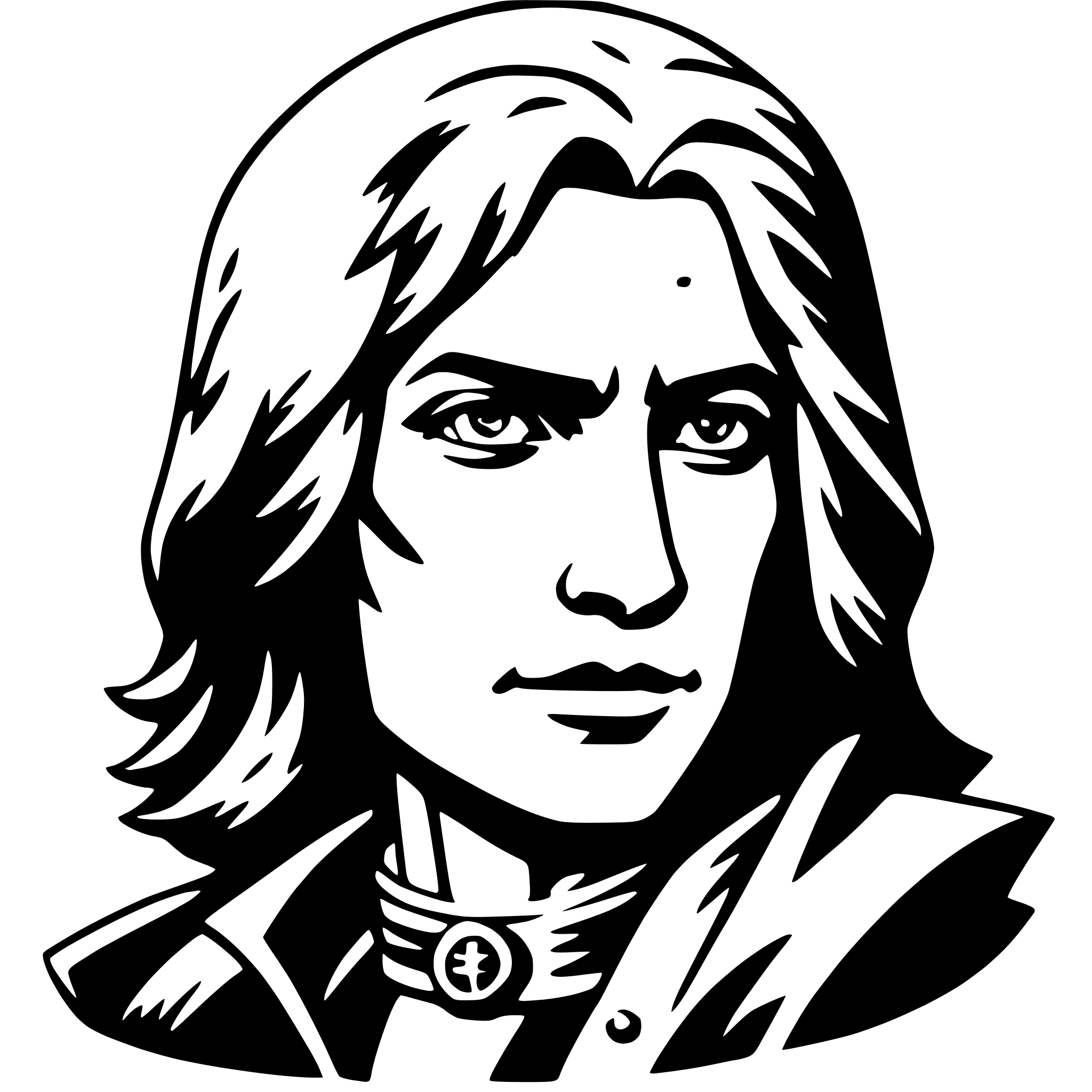 The SVG depicts a stylized, black and white illustration of a person's head and shoulders. The individual has long, straight hair and is wearing a high-collared garment with a round emblem on the chest. The person's expression is neutral with a slight frown. The style of the illustration is reminiscent of comic book art, with bold lines and a limited color palette. 