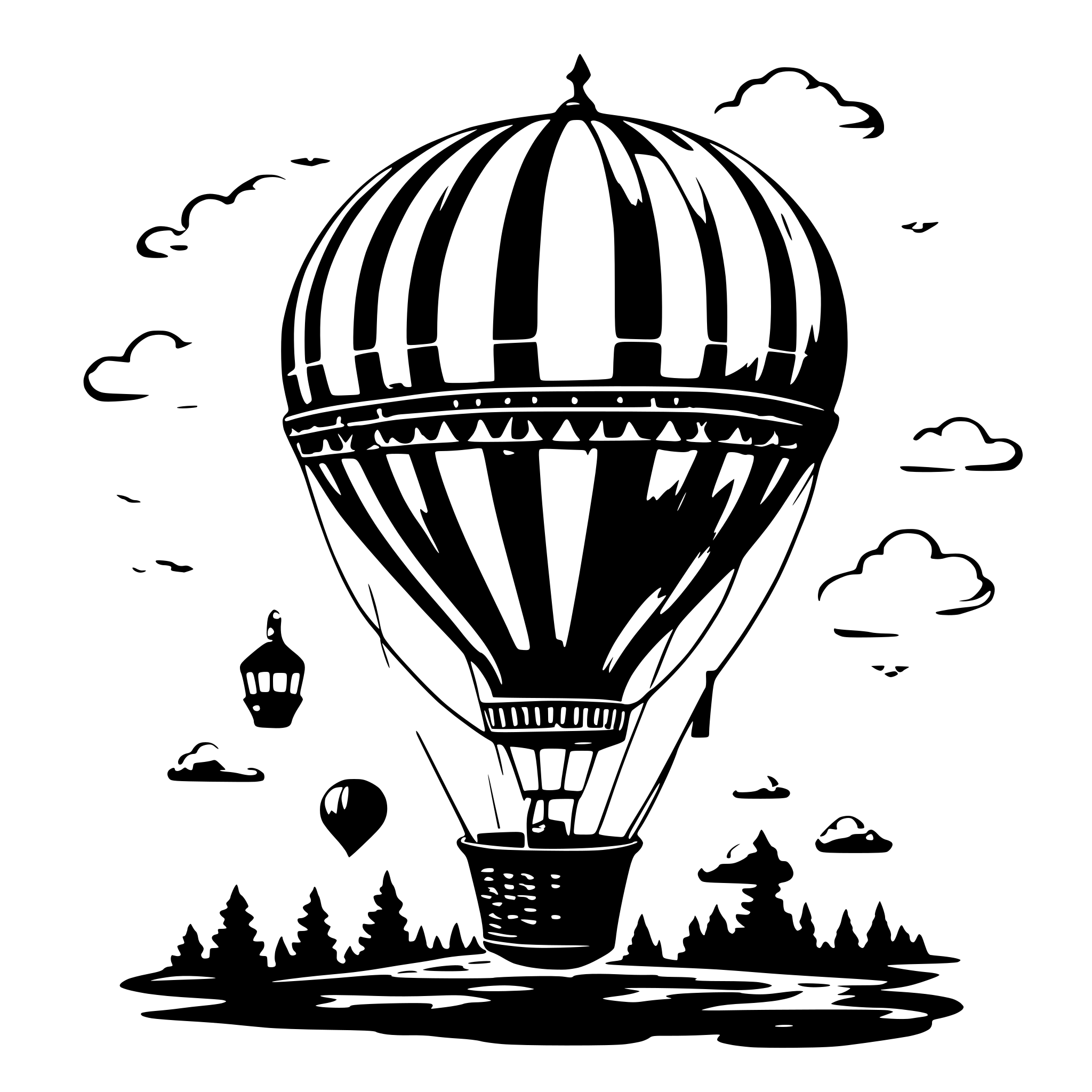 AI-generated SVG of a A black and white SVG illustration of a vintage hot air balloon. The balloon has intricate patterns on its surface, with a woven basket hanging below it. The ropes connecting the basket to the balloon are detailed, and the overall design has a steampunk aesthetic. The background features simple clouds to give a sense of elevation. AI-generated SVG of a A black and white SVG illustration of a vintage hot air balloon. The balloon has intricate patterns on its surface, with a woven basket hanging below it. The ropes connecting the basket to the balloon are detailed, and the overall design has a steampunk aesthetic. The background features simple clouds to give a sense of elevation.