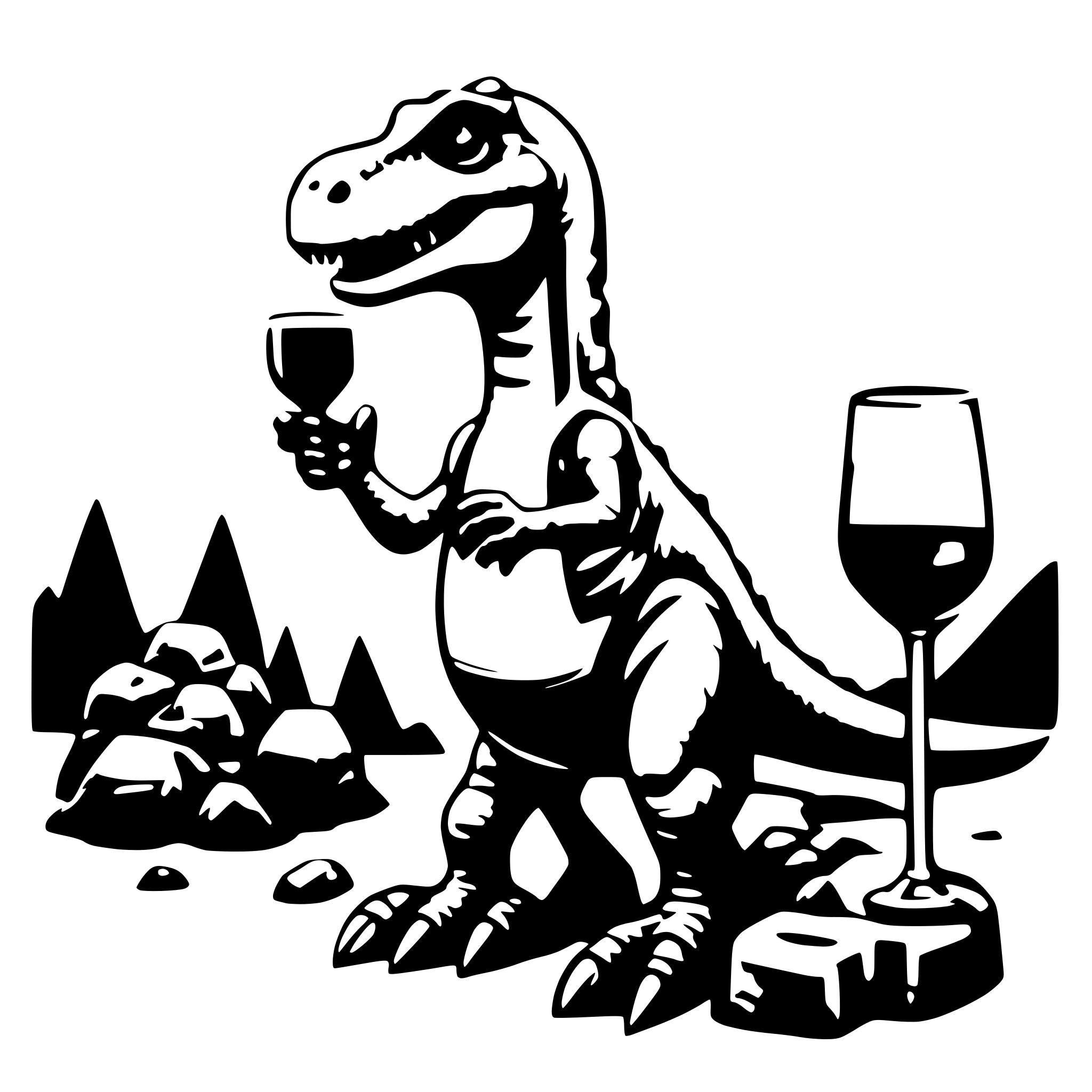 AI-generated SVG of a dinosaur with a glss of wine in the hand