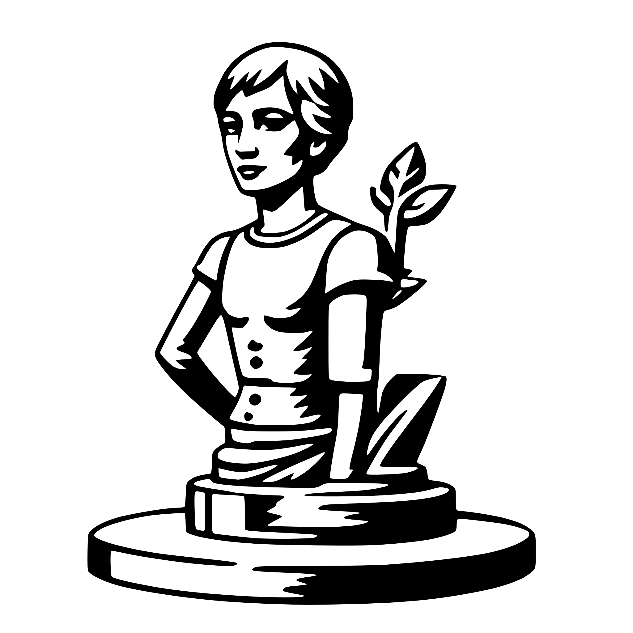 The SVG depicts a stylized, cartoon-like figure of a person with short hair, wearing a sleeveless top and a skirt. The figure is standing on a pedestal with a base that has a leaf design. The figure's arms are crossed, and they are looking slightly to the side with a neutral expression. The overall style is simplistic and appears to be a logo or emblem design. 