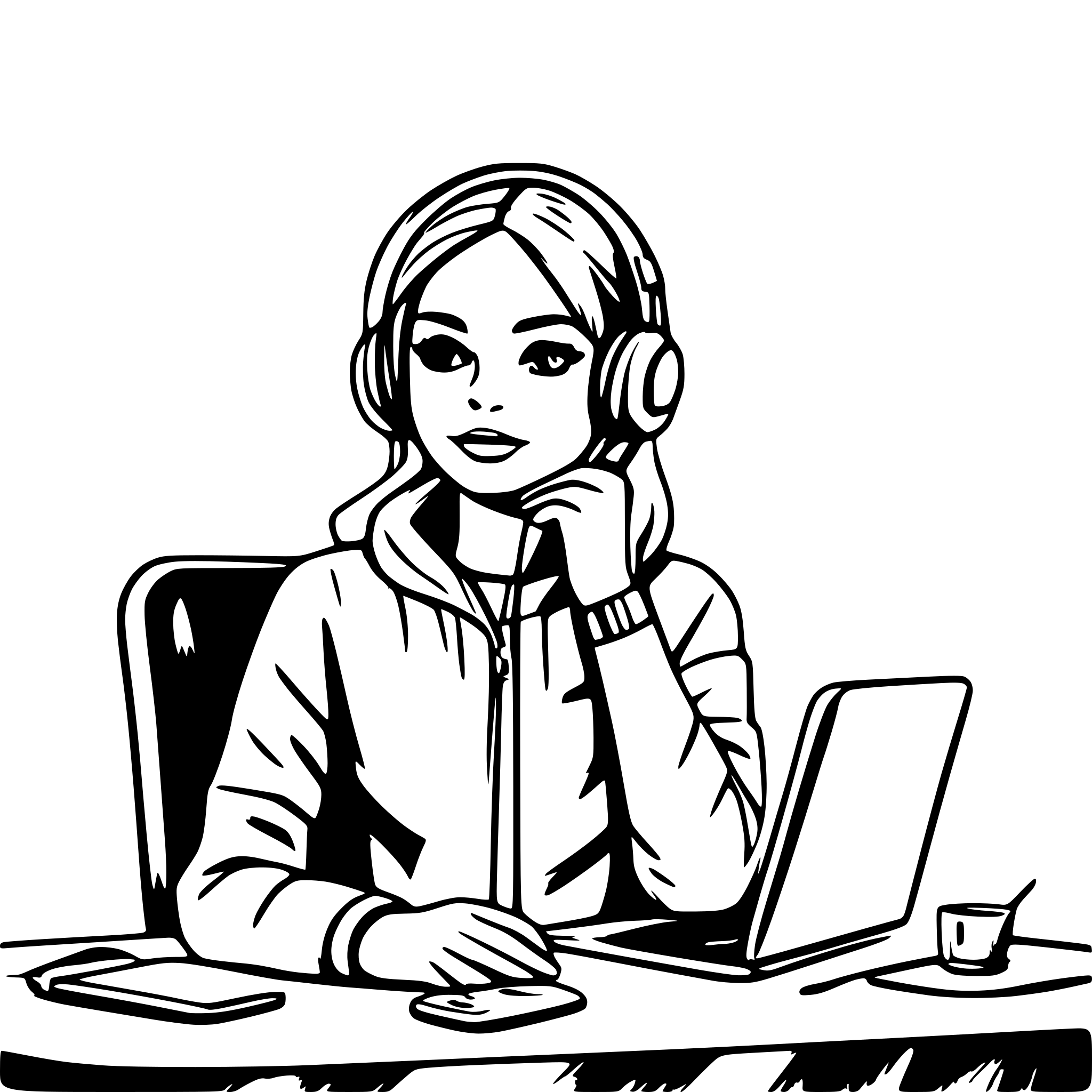 AI-generated SVG of a front camera person is sitting on desk chair with eeg headset on head