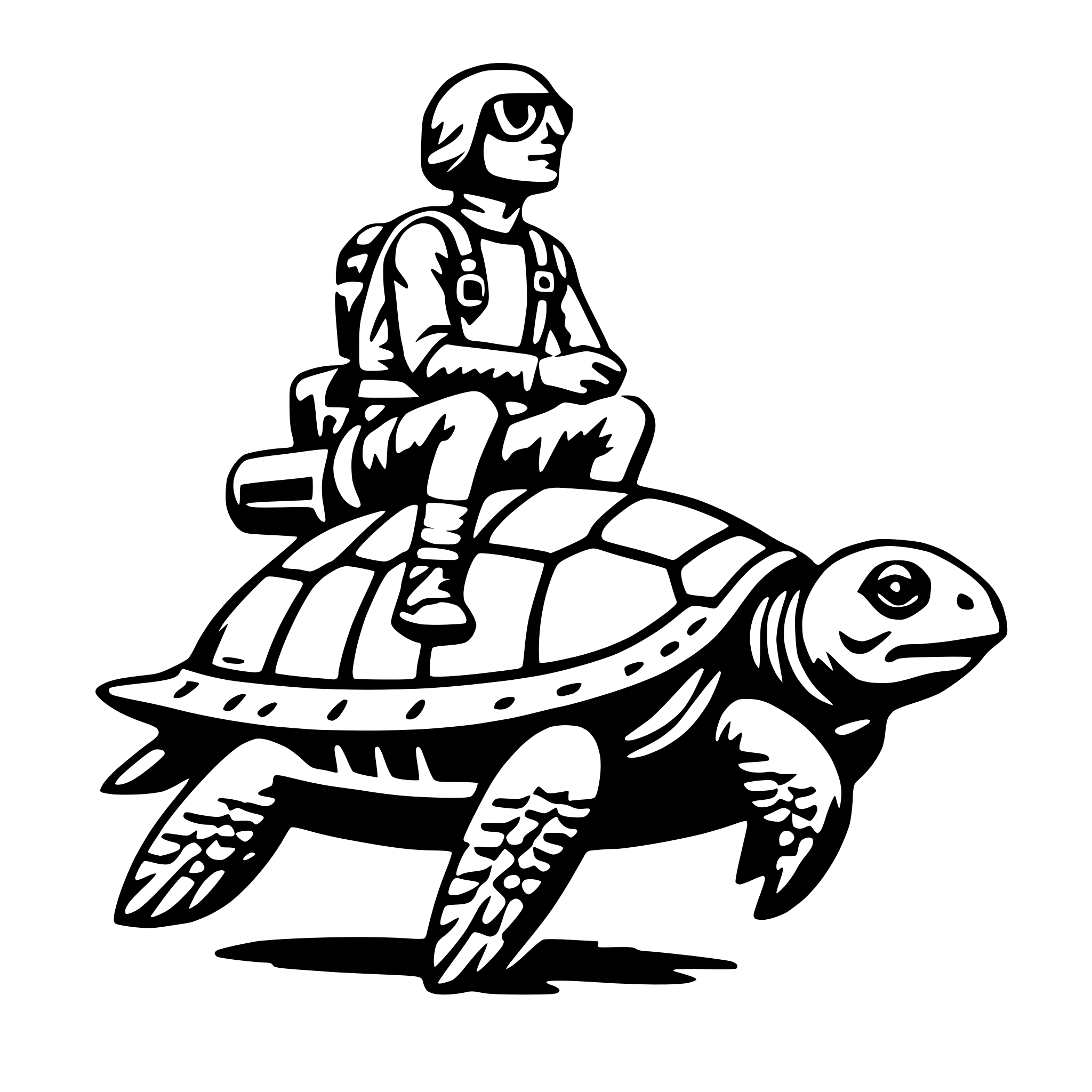 The SVG depicts a cartoon-style illustration of a person riding on the back of a turtle. The person is wearing a helmet and appears to be holding onto a backpack or bag. The turtle is shown with a detailed shell pattern and is depicted with its head turned to the side, giving the impression of movement. The interaction between the person and the turtle suggests a playful or adventurous theme, possibly representing a journey or exploration. 