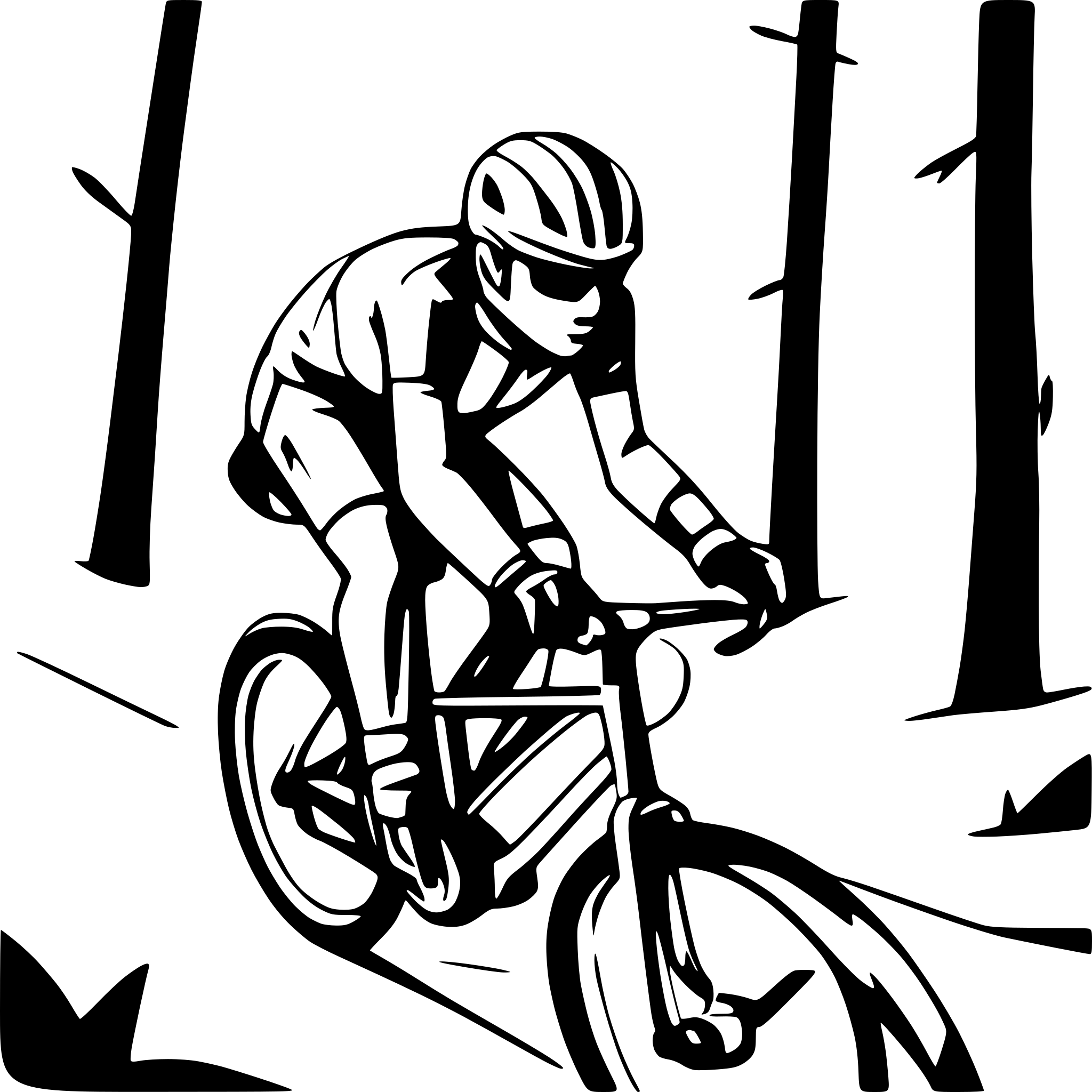 AI-generated SVG of a create me a lineart of a cyclist on his race cycle driving through a forrest