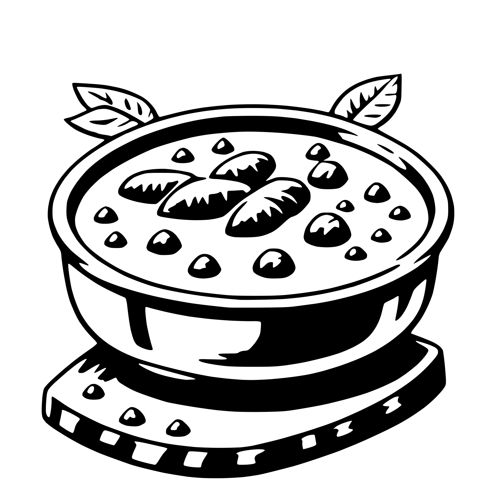 The SVG depicts a stylized illustration of a bowl of soup with a lid. The bowl is round with a handle on one side, and it is filled with a soup that has visible chunks of what appears to be meat or vegetables. The lid is also round and has a small handle on one side, suggesting it can be lifted off the bowl. The soup is garnished with what looks like a leaf, possibly a bay leaf, which is a common ingredient in many soups. The bowl is placed on a flat surface, which could be a table or a countertop. The overall style of the illustration is simple and cartoonish, with bold outlines and minimal shading. 
