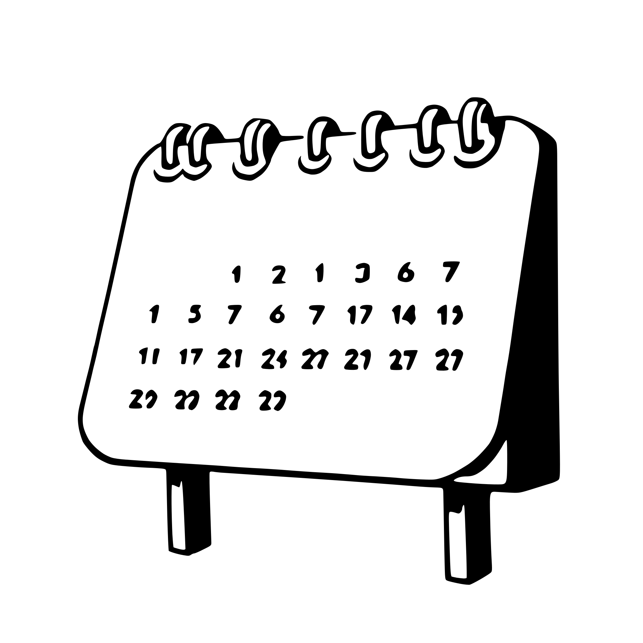 The SVG shows a simple, stylized calendar with a grid of dates. The calendar has a white background with black text and lines. It is a two-page calendar, with the top page showing the days of the week and the bottom page showing the dates of the month. The calendar is attached to a stand with two metal rings, which are likely used to hang the calendar on a wall. The design is minimalistic and does not include any additional decorative elements. 